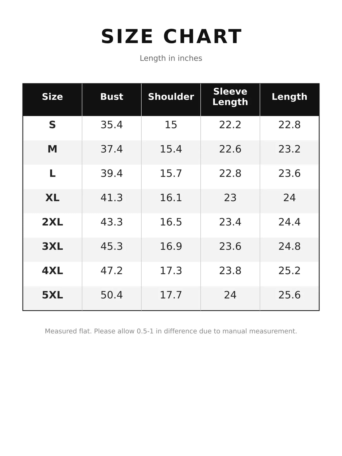 Size chart for lace long sleeve blouse