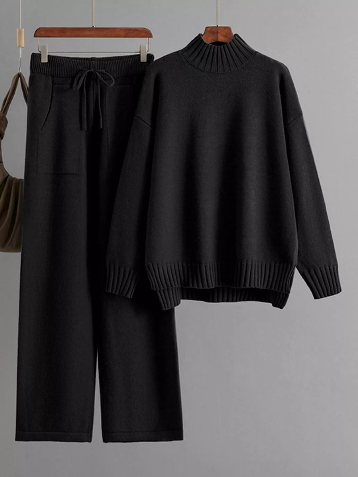 Mock Neck Sweater and Wide-Leg Pants Knit Set — garment front