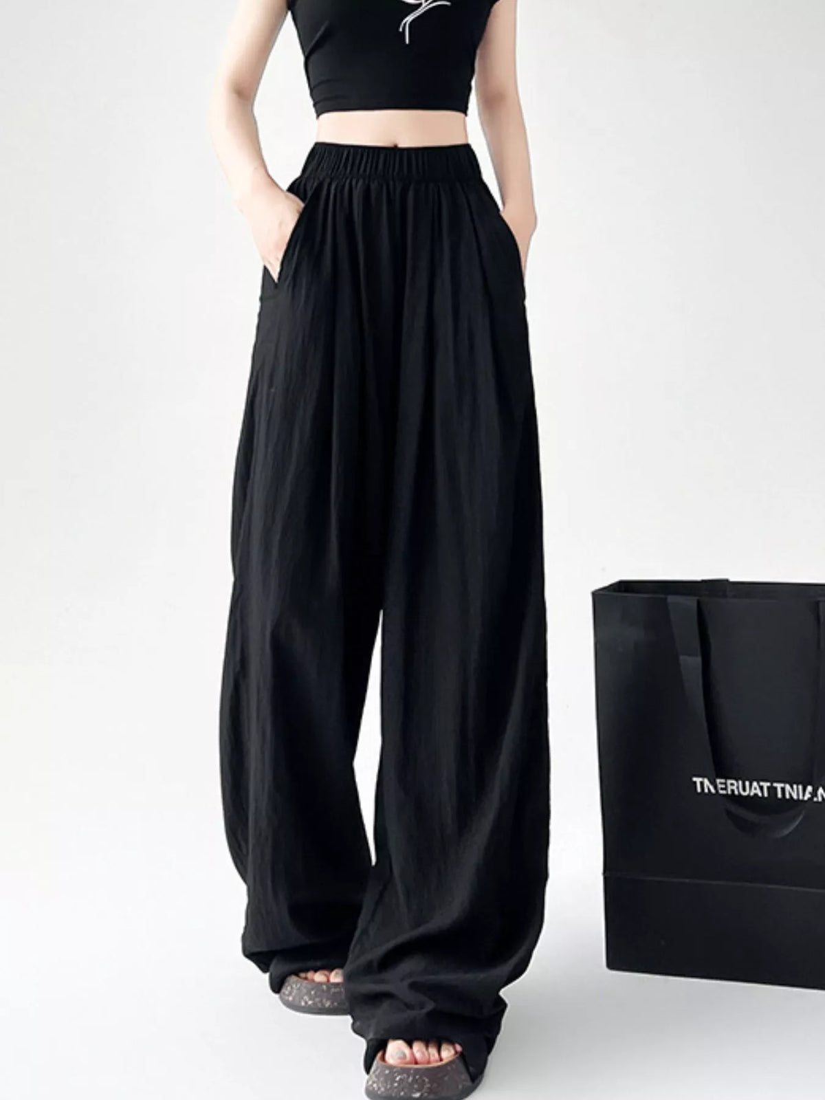 Women's High-Waisted Loose Fit Wide-Leg Casual Pants in black — front view