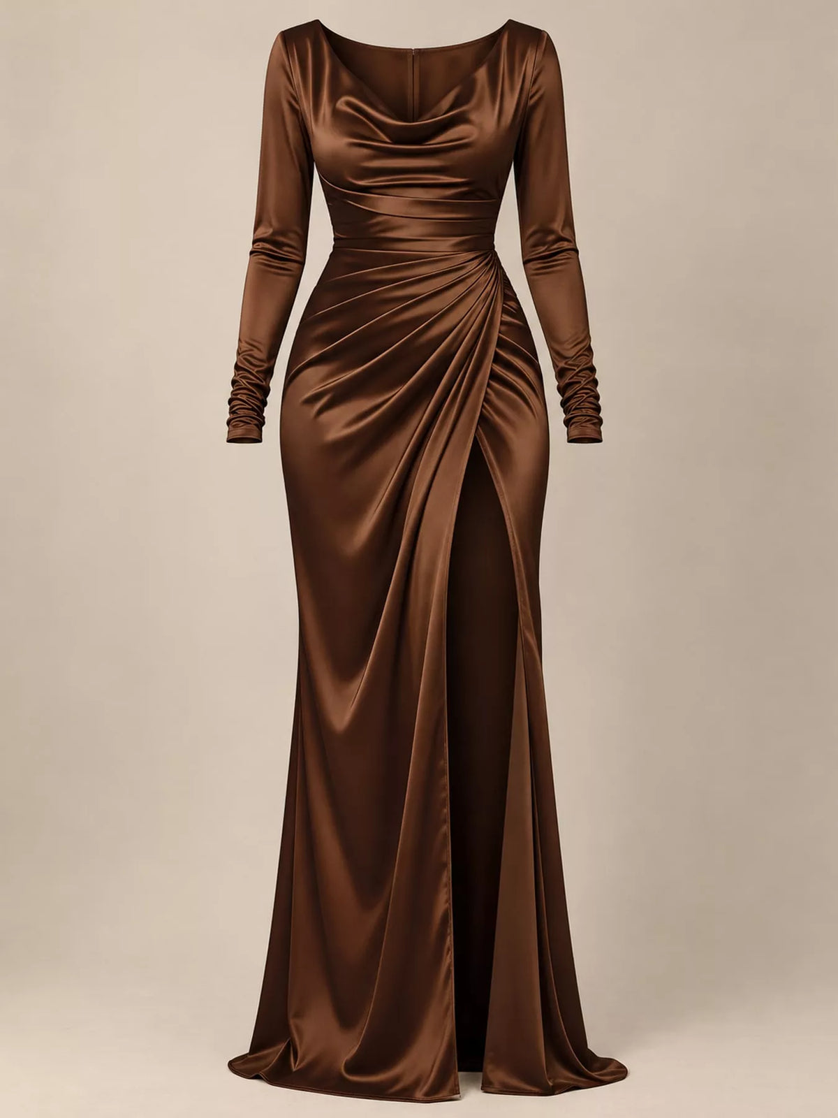 Brown satin cowl neck high slit maxi dress, front view