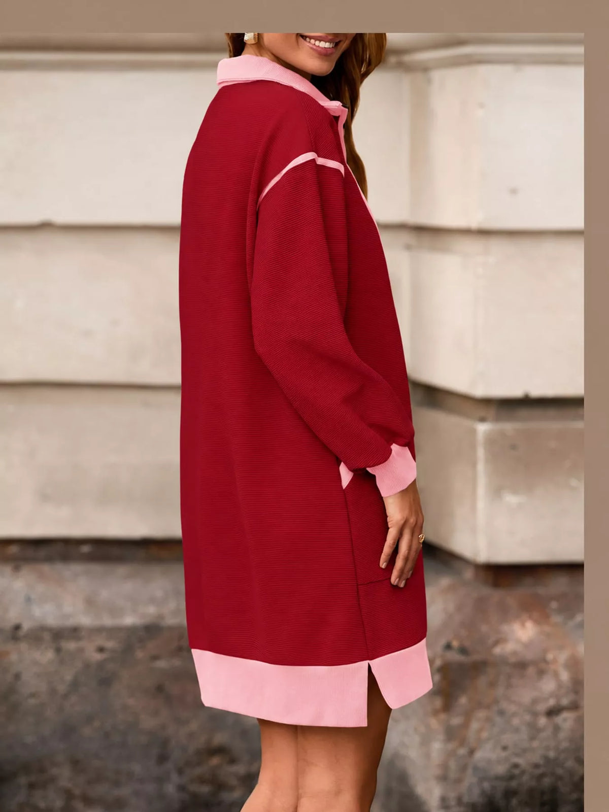 Red color block quarter-zip sweatshirt dress — back view