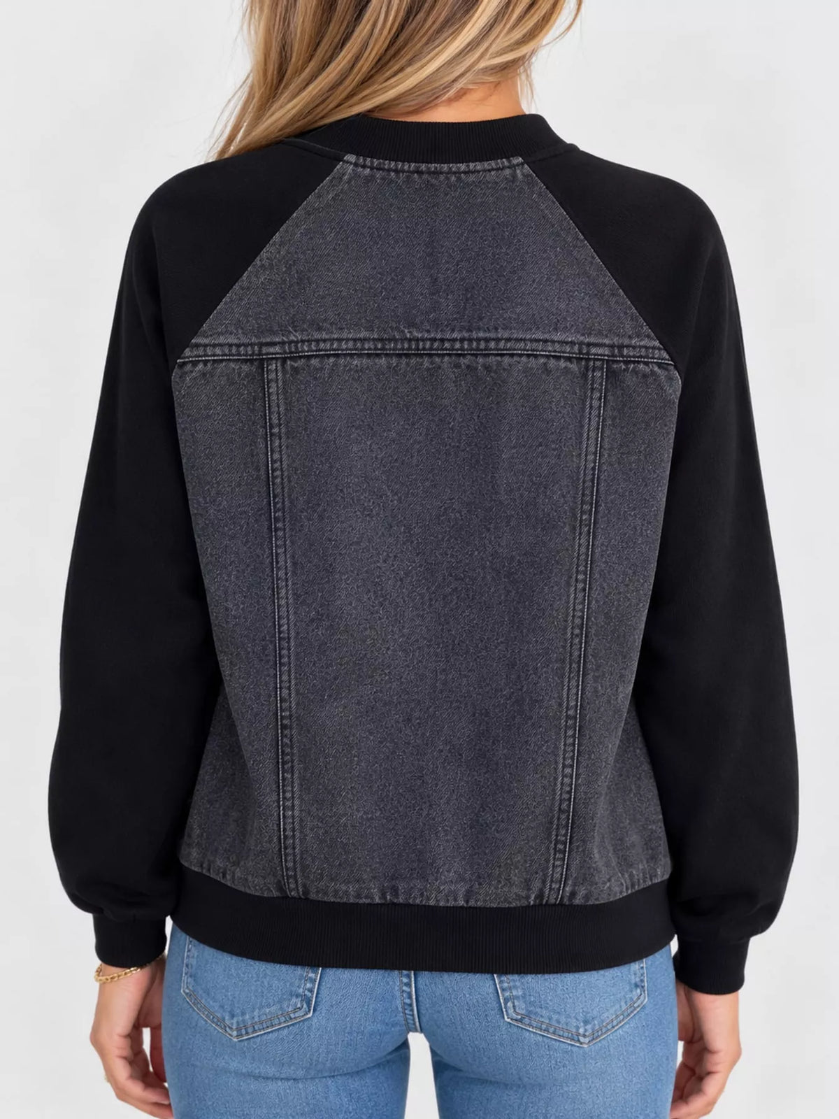Contrast-Sleeve Zip-Up Denim Jacket — back view