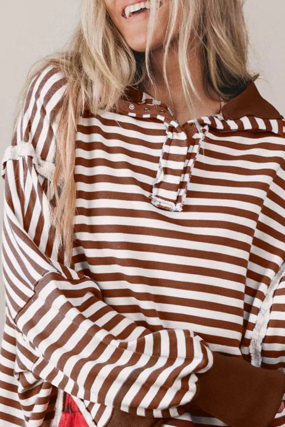 Trendsi Oversized Striped Henley Sweatshirt -