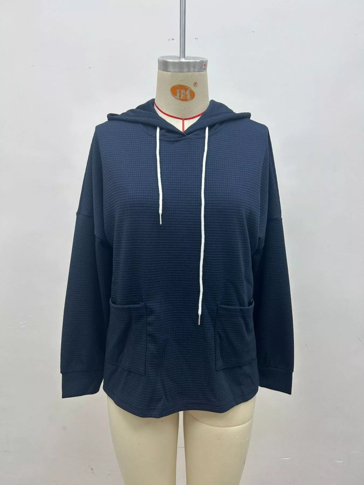 Women's Waffle Knit Drawstring Long Sleeve Hoodie in Navy, alternate view
