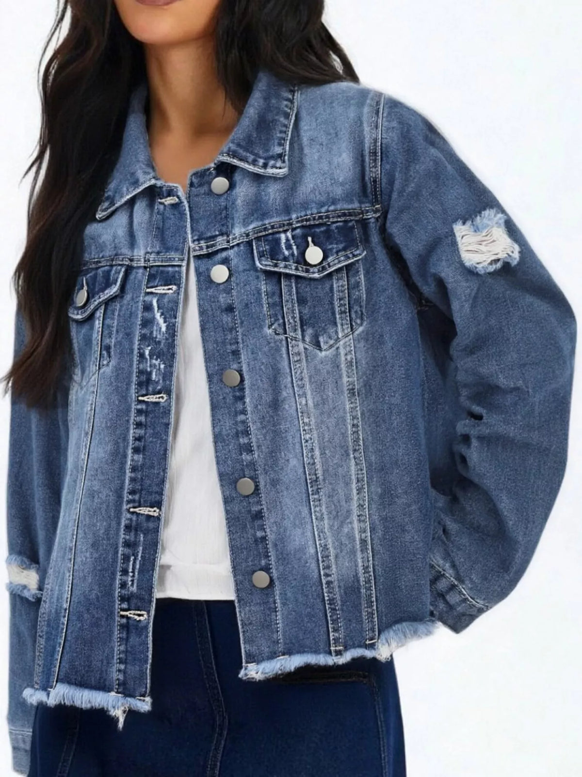 Women's Distressed Raw Hem Denim Jacket in medium blue — front view
