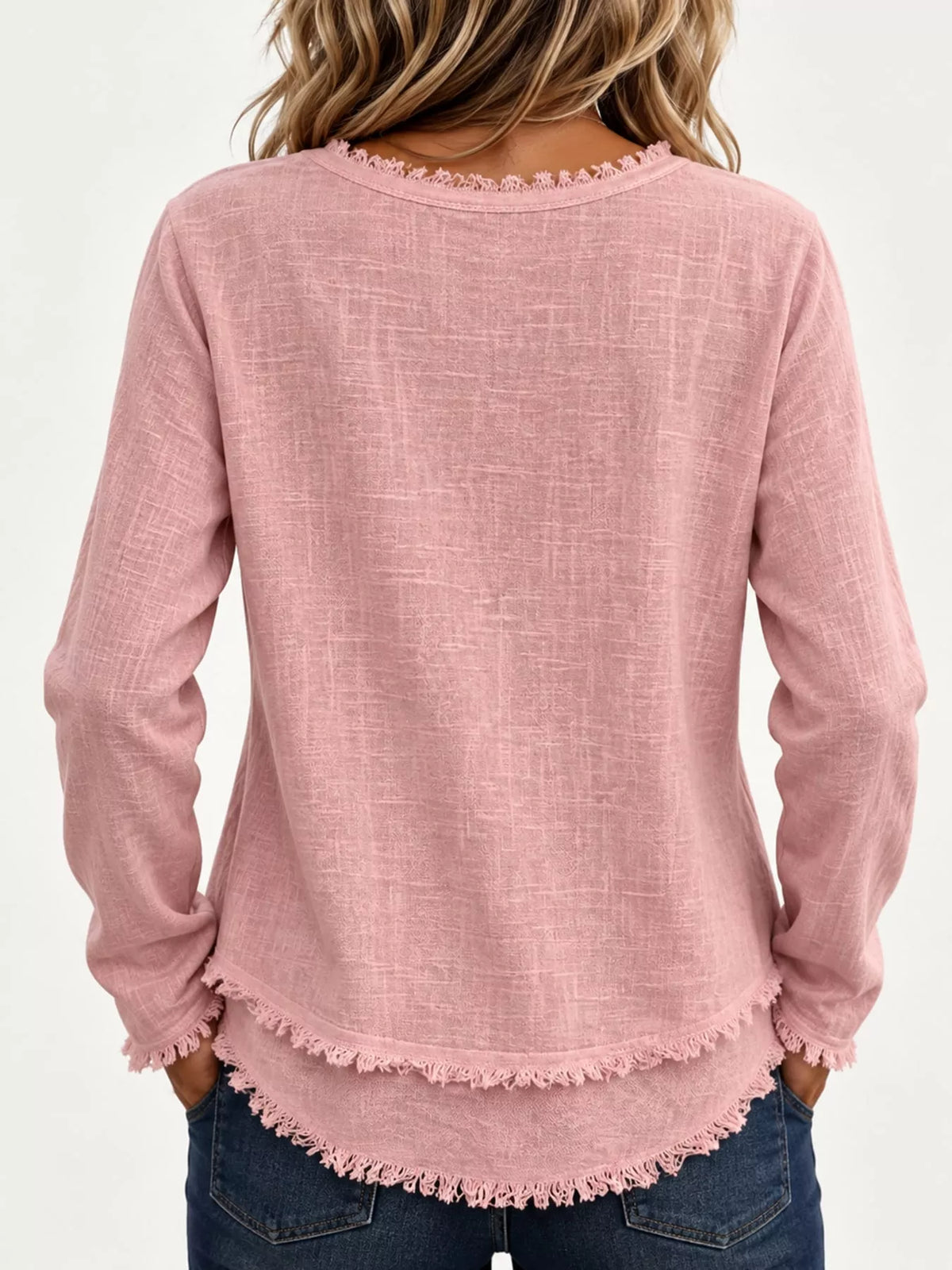 Frayed V-neck blouse, pink back