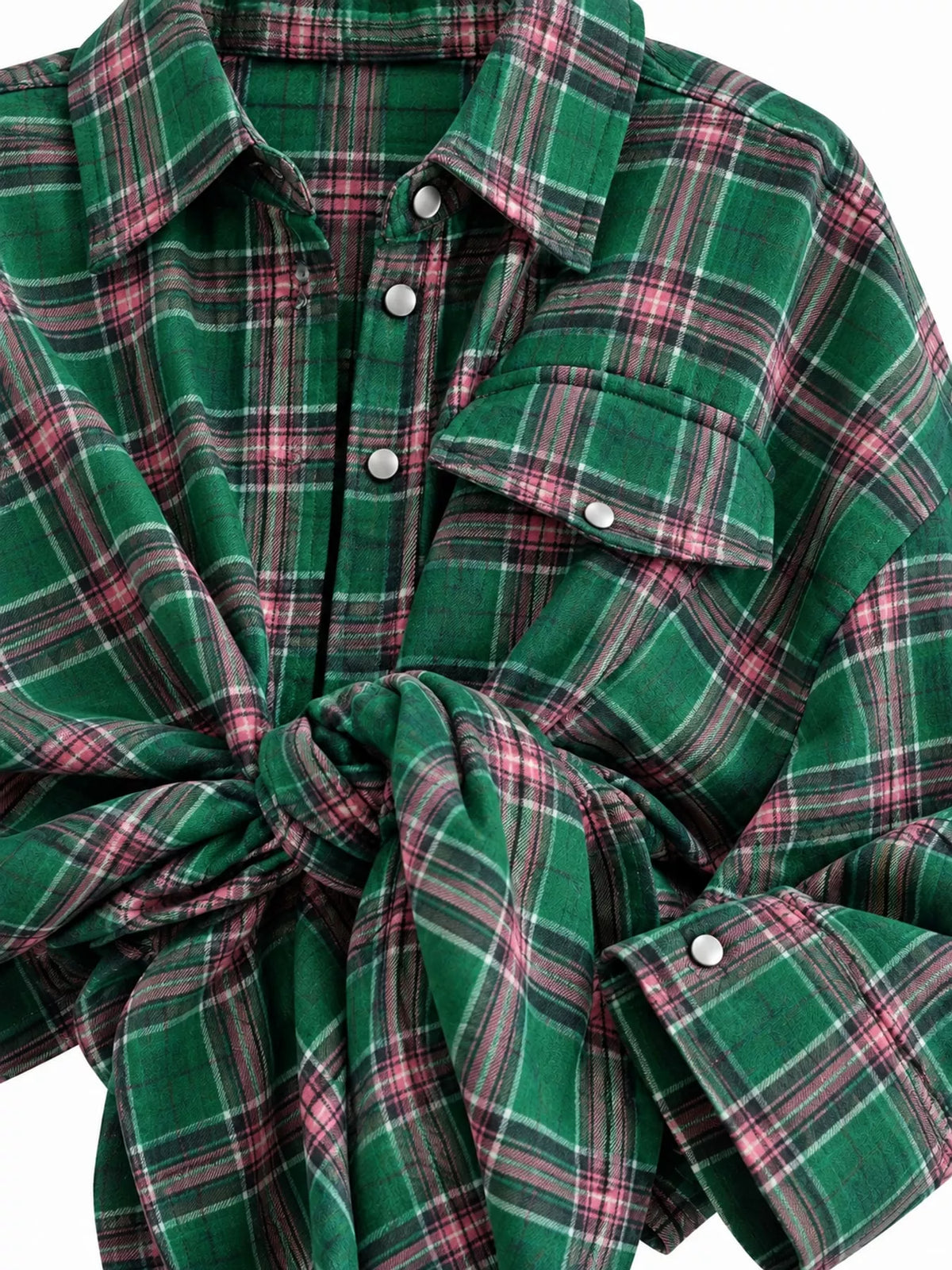 Ocean Green plaid button up shirt, detail view