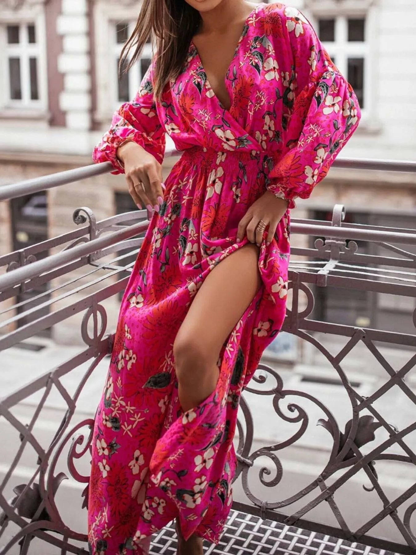 Trendsi Bohemian Printed Maxi Dress with Plunging Neckline -