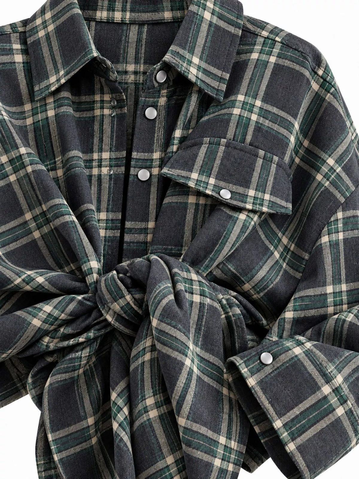Dark Gray plaid button up shirt, detail view