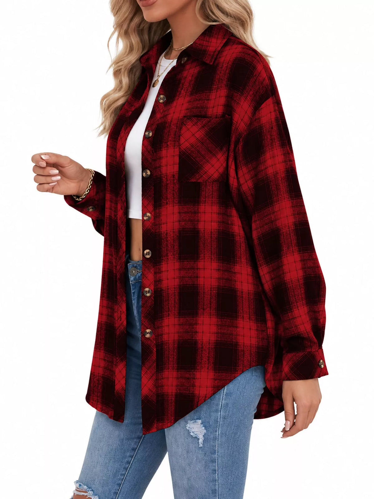 Oversized plaid shirt, red plaid side