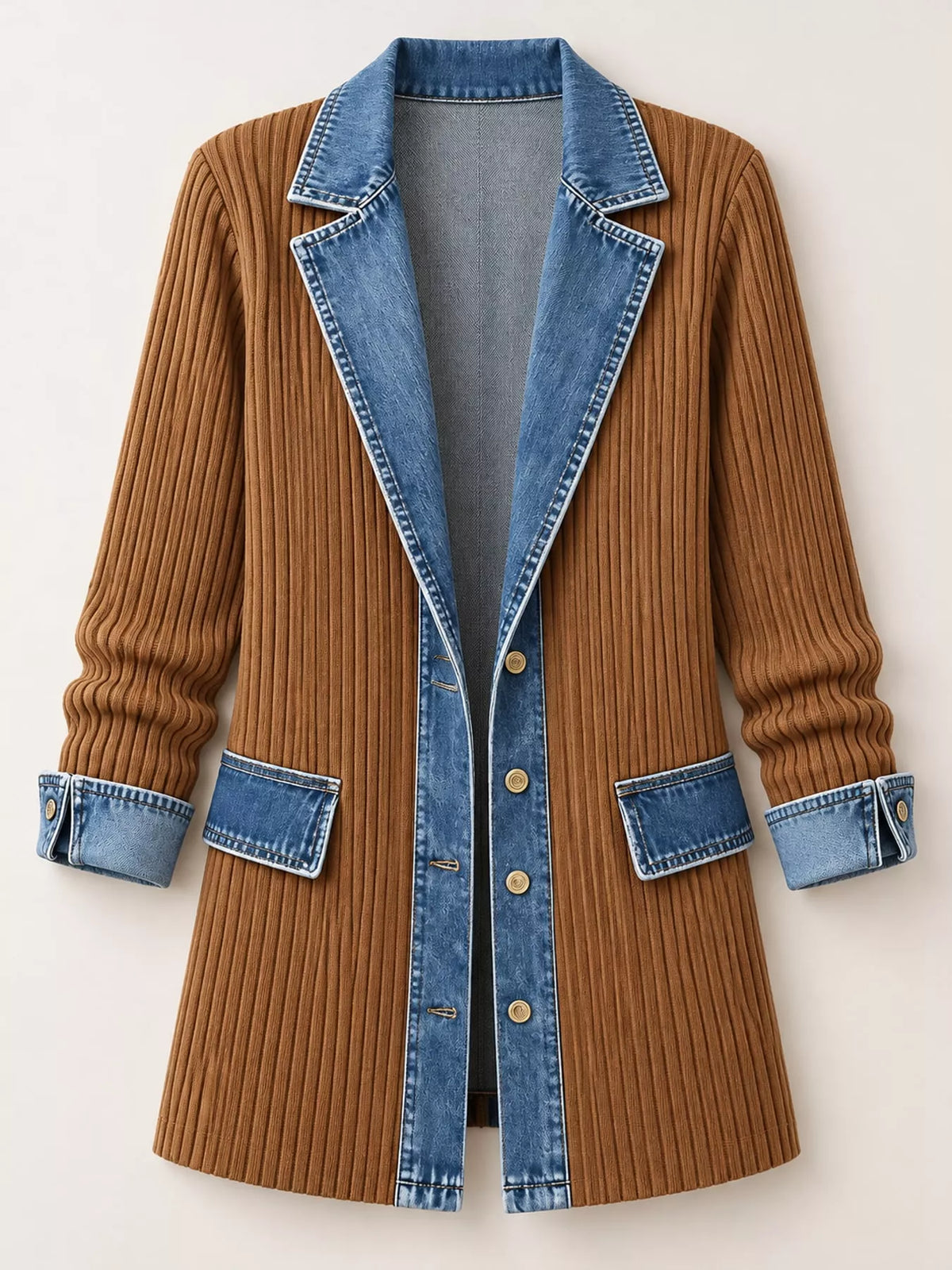 Brown denim trim ribbed knit cardigan