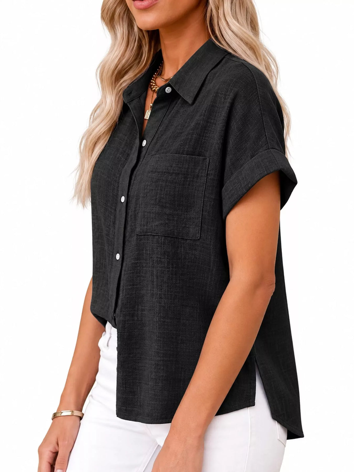Women's Button Up Short Sleeve Shirt in black — side view