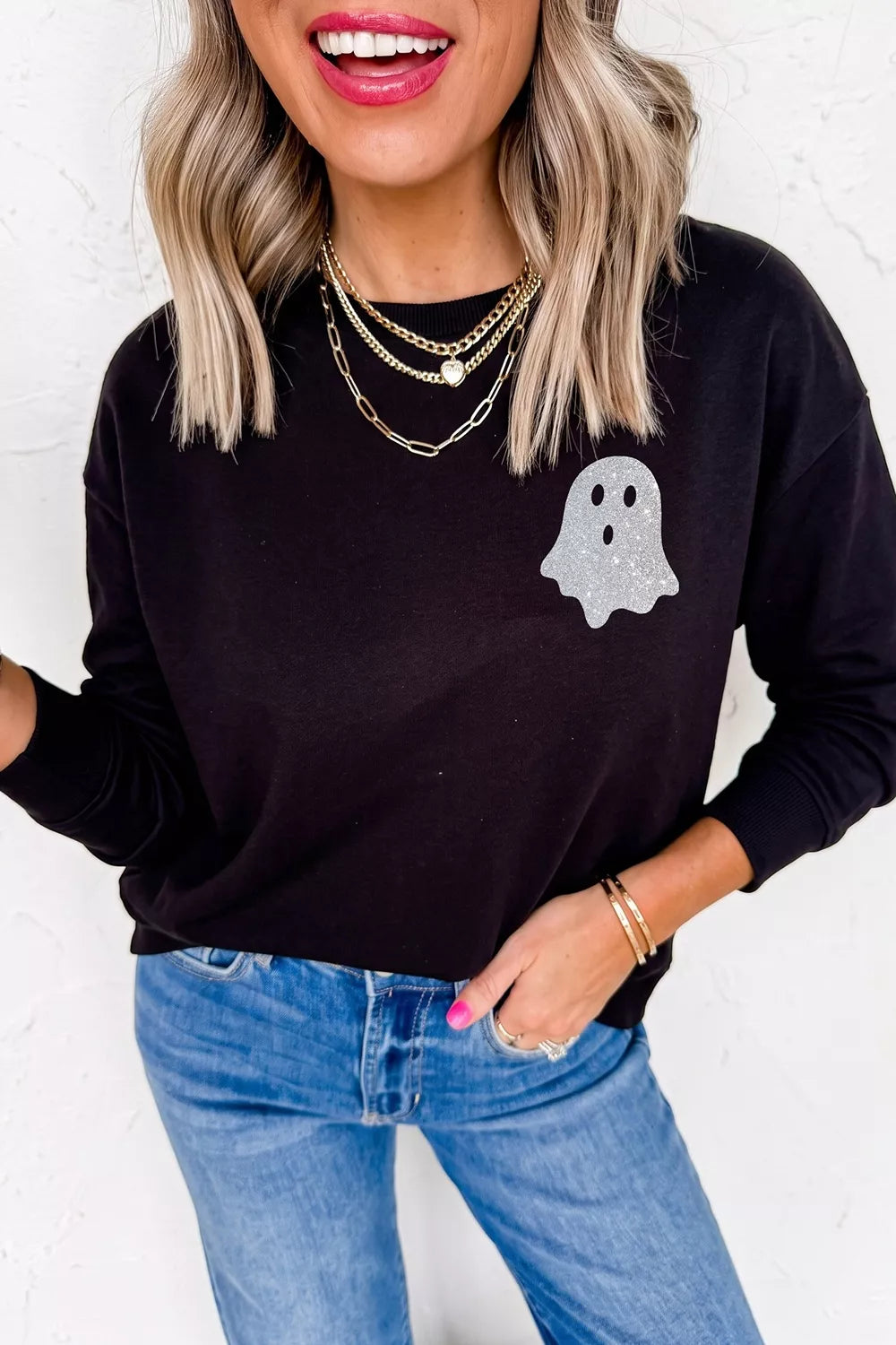 Trendsi Round Neck Ghost Print Regular Fit Graphic Long Sleeve T-Shirt -