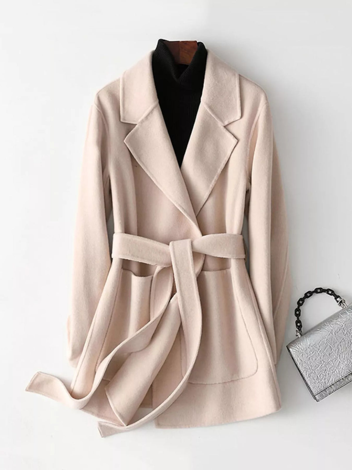 Cream belted double-sided wool coat