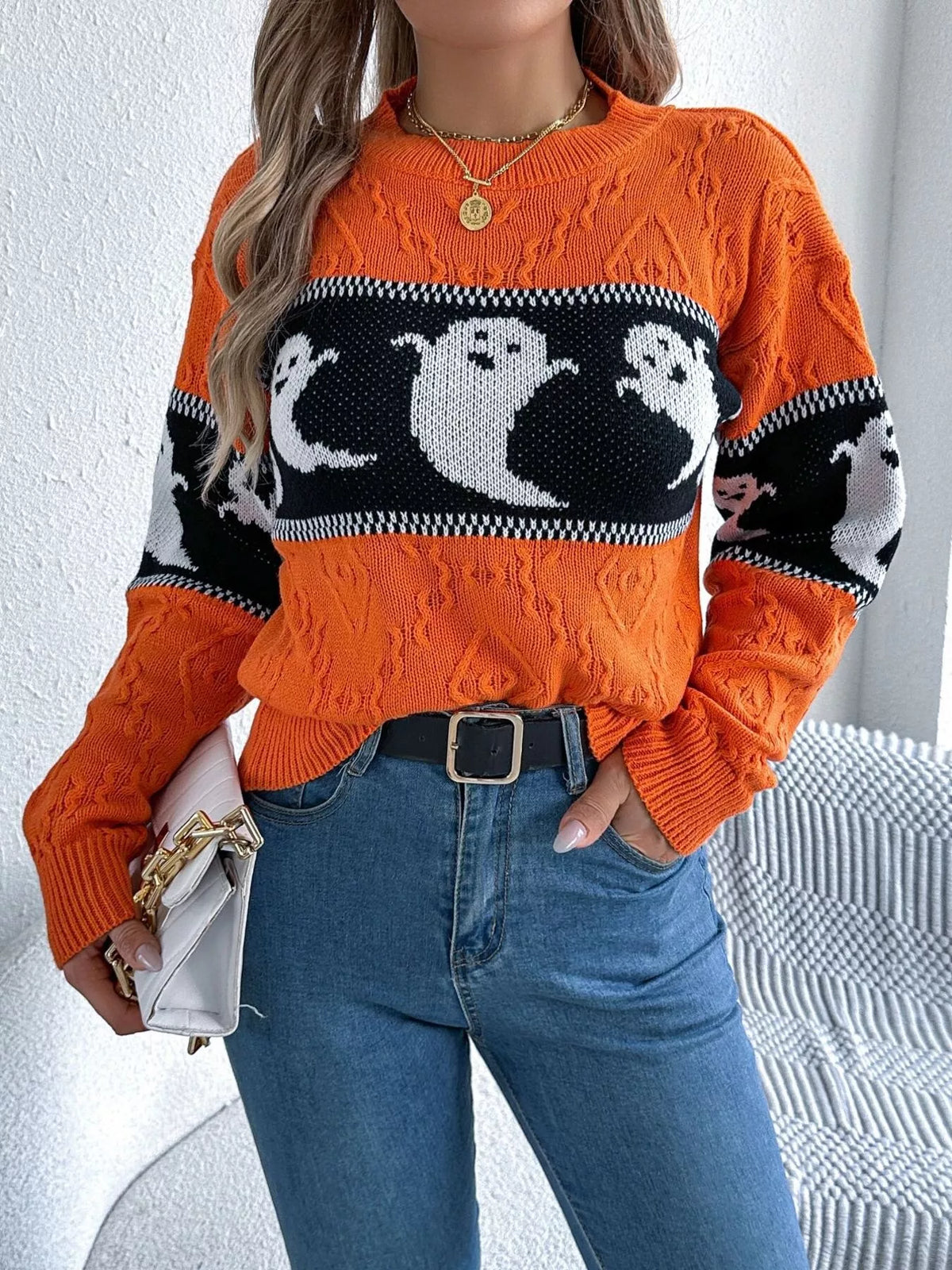 Halloween Ghost Pattern Textured Sweater in orange, front view