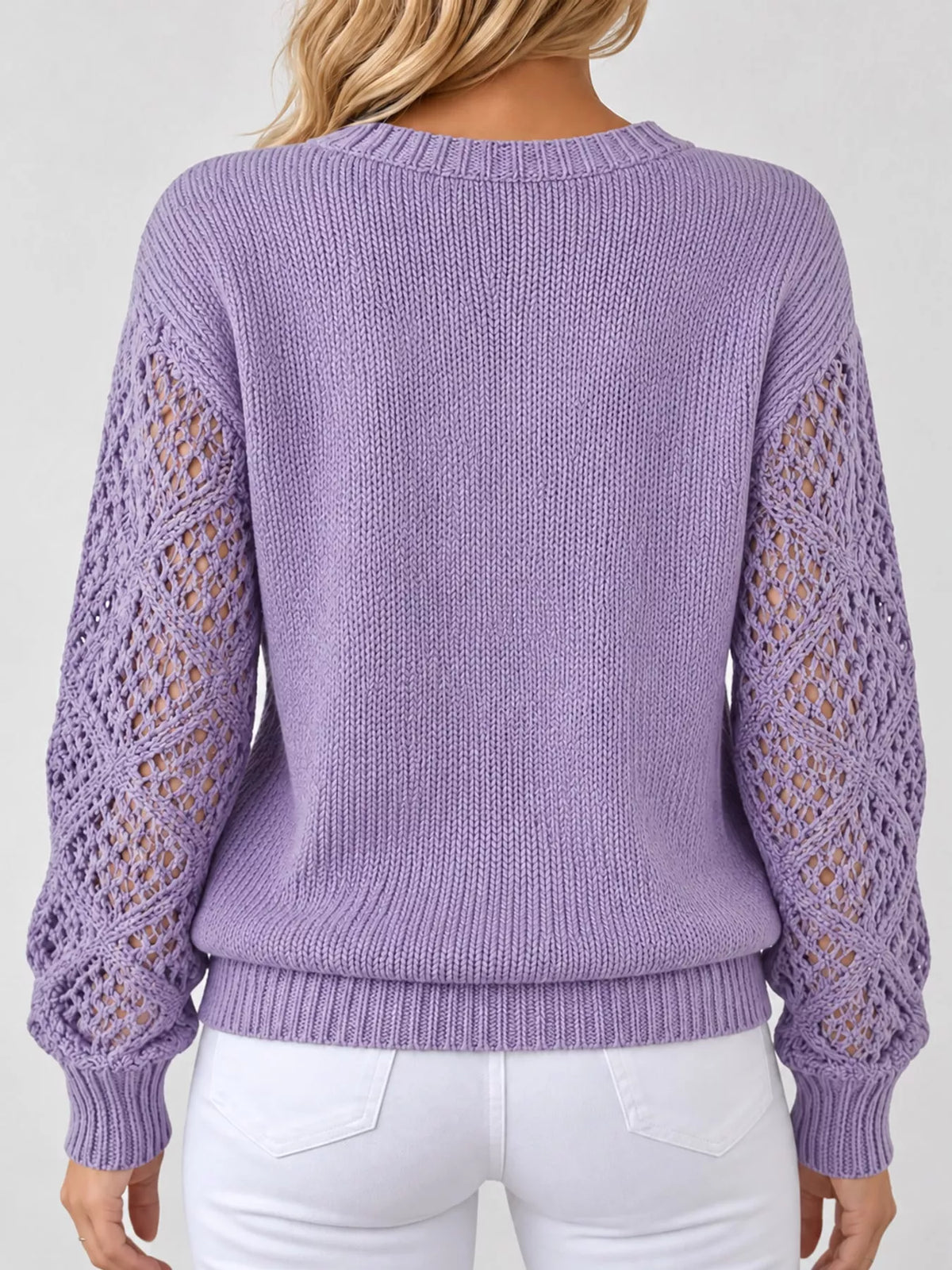Purple v neck openwork long sleeve sweater, back view