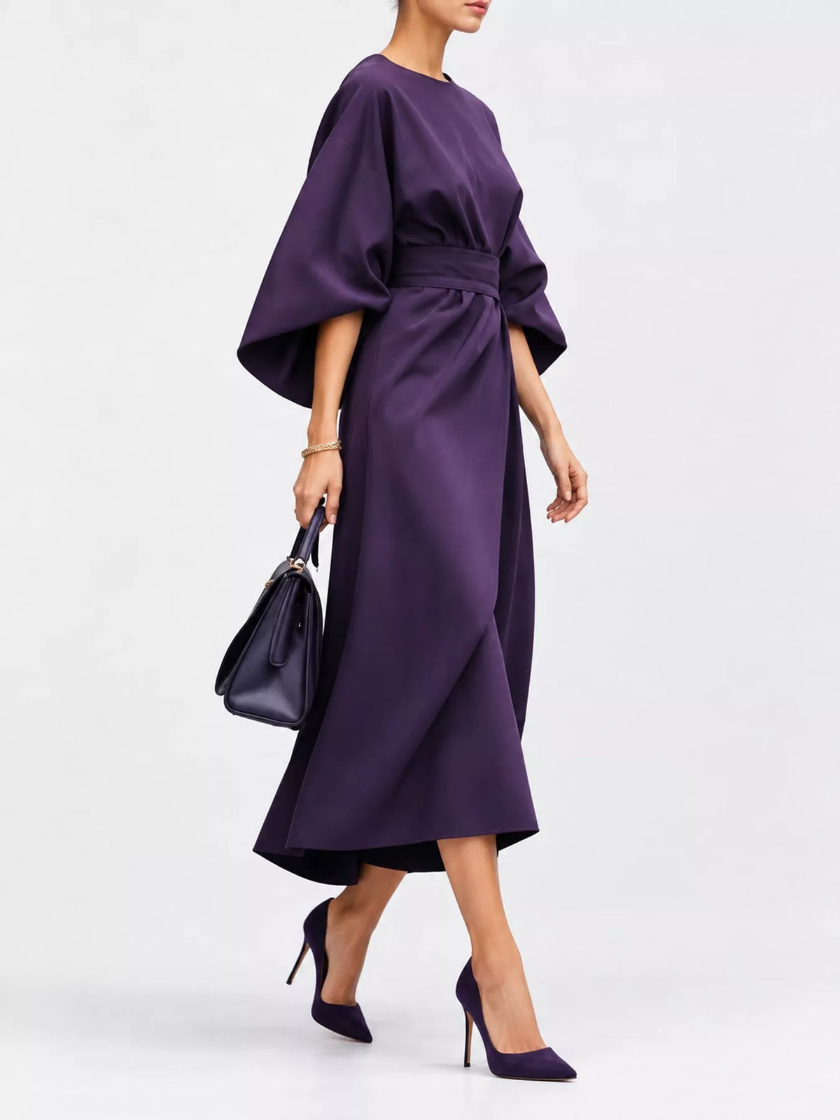 Purple round neck kimono sleeve midi dress