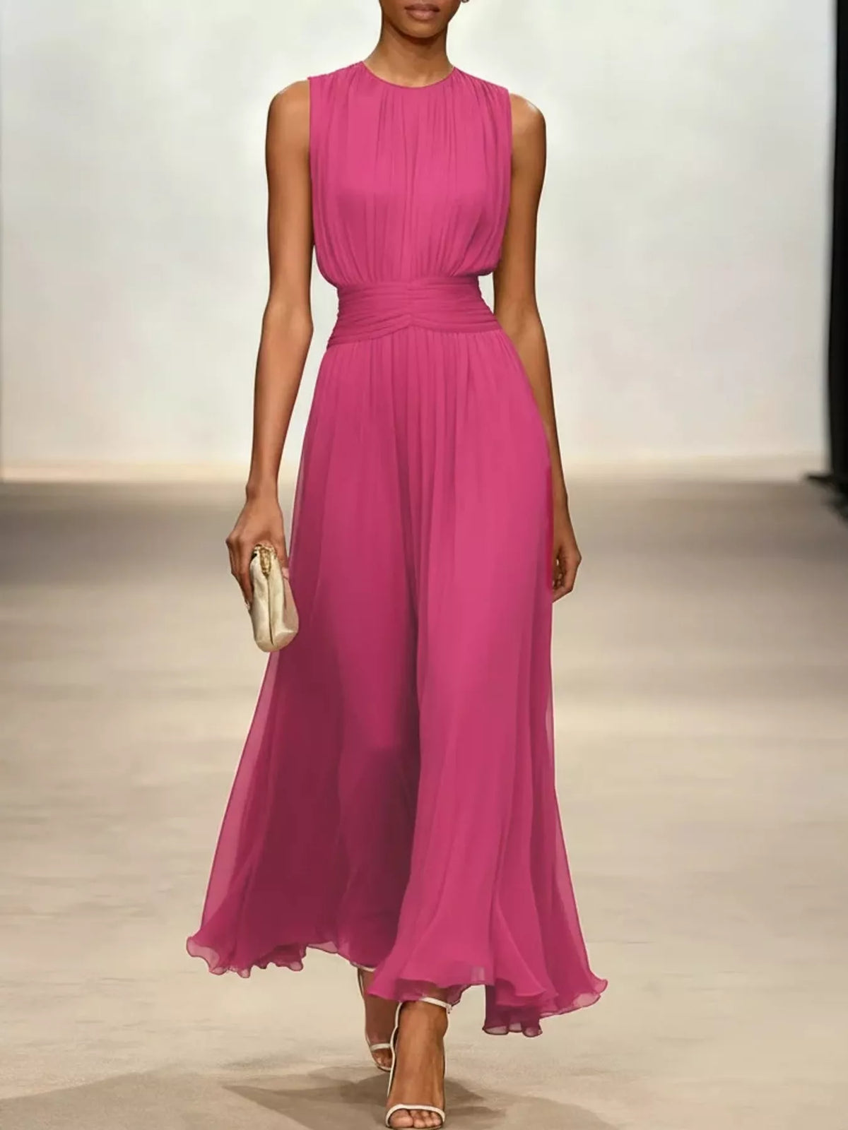Fuchsia sleeveless ruched chiffon maxi dress, front view