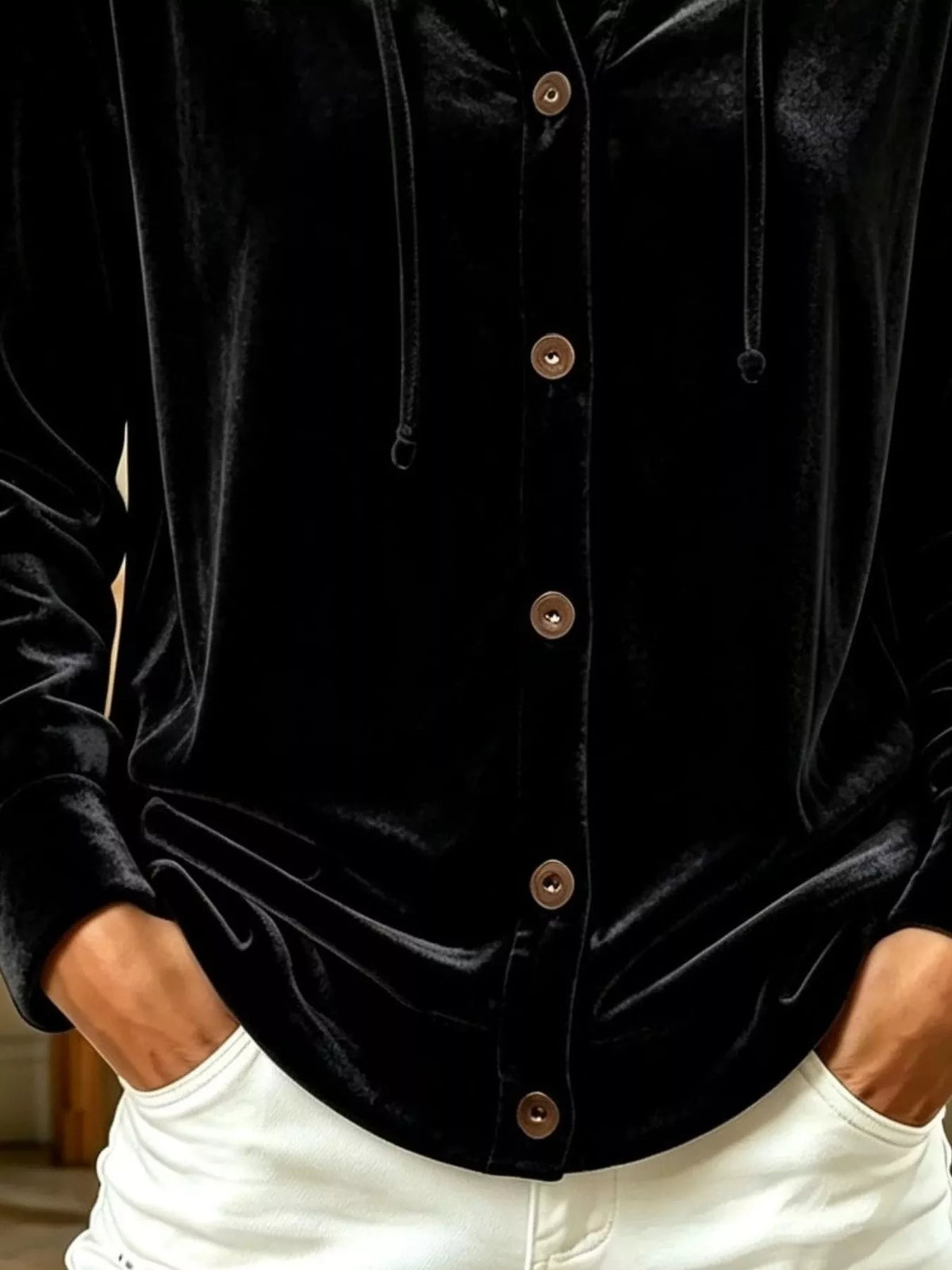 Velvet button-front hooded top