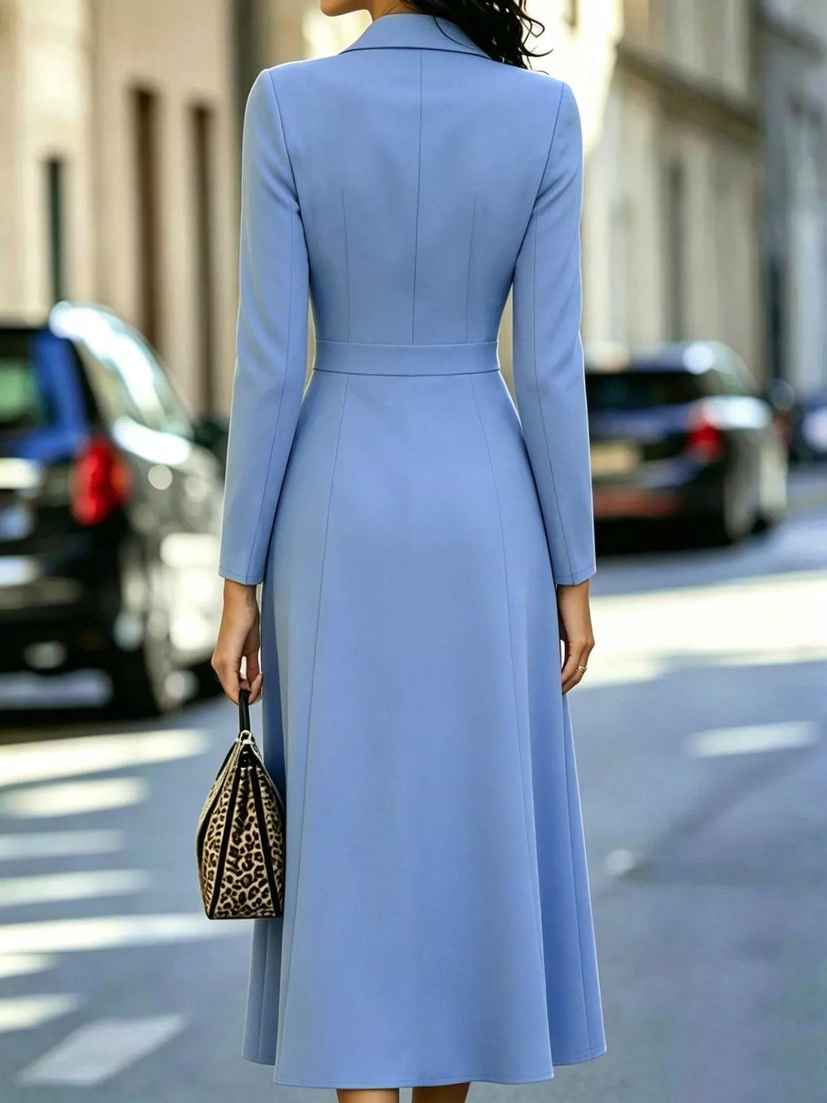 Blue double-breasted lapel collar midi dress — back view