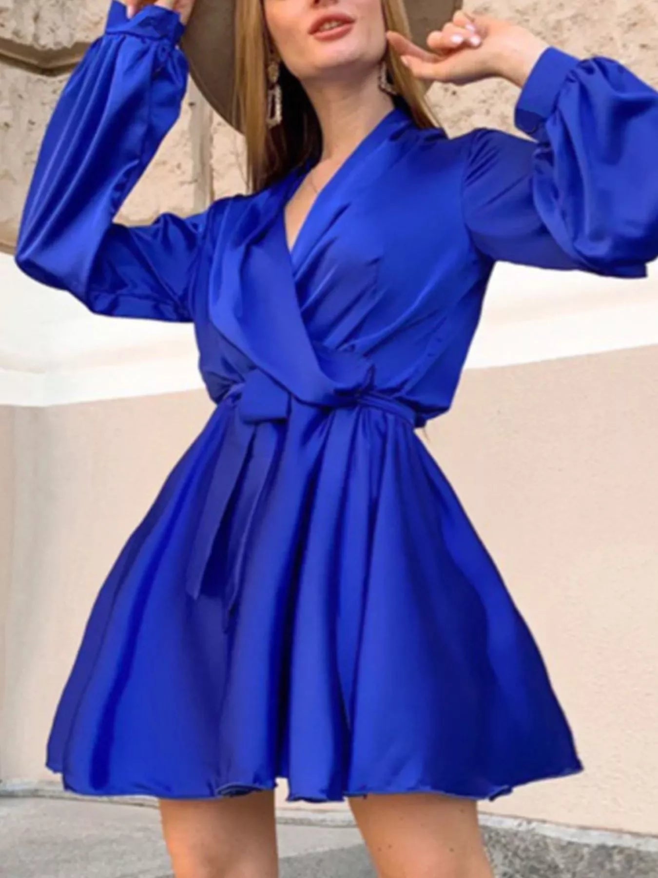 Trendsi Satin Surplice Long Sleeve Mini Dress -