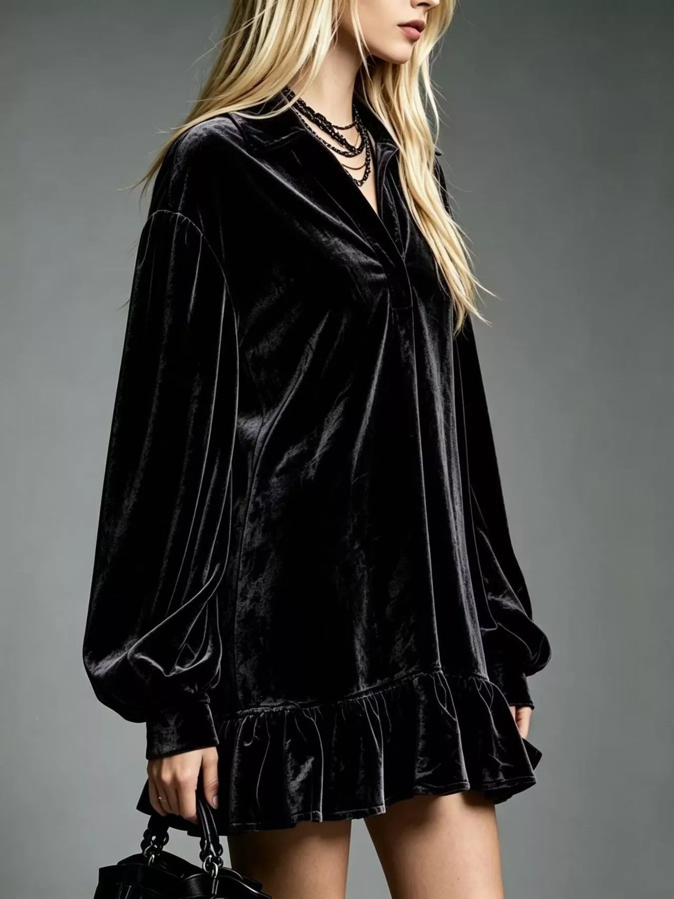 Trendsi Full Size Velvet Ruffled Hem Long Sleeve Dress Plus Size -
