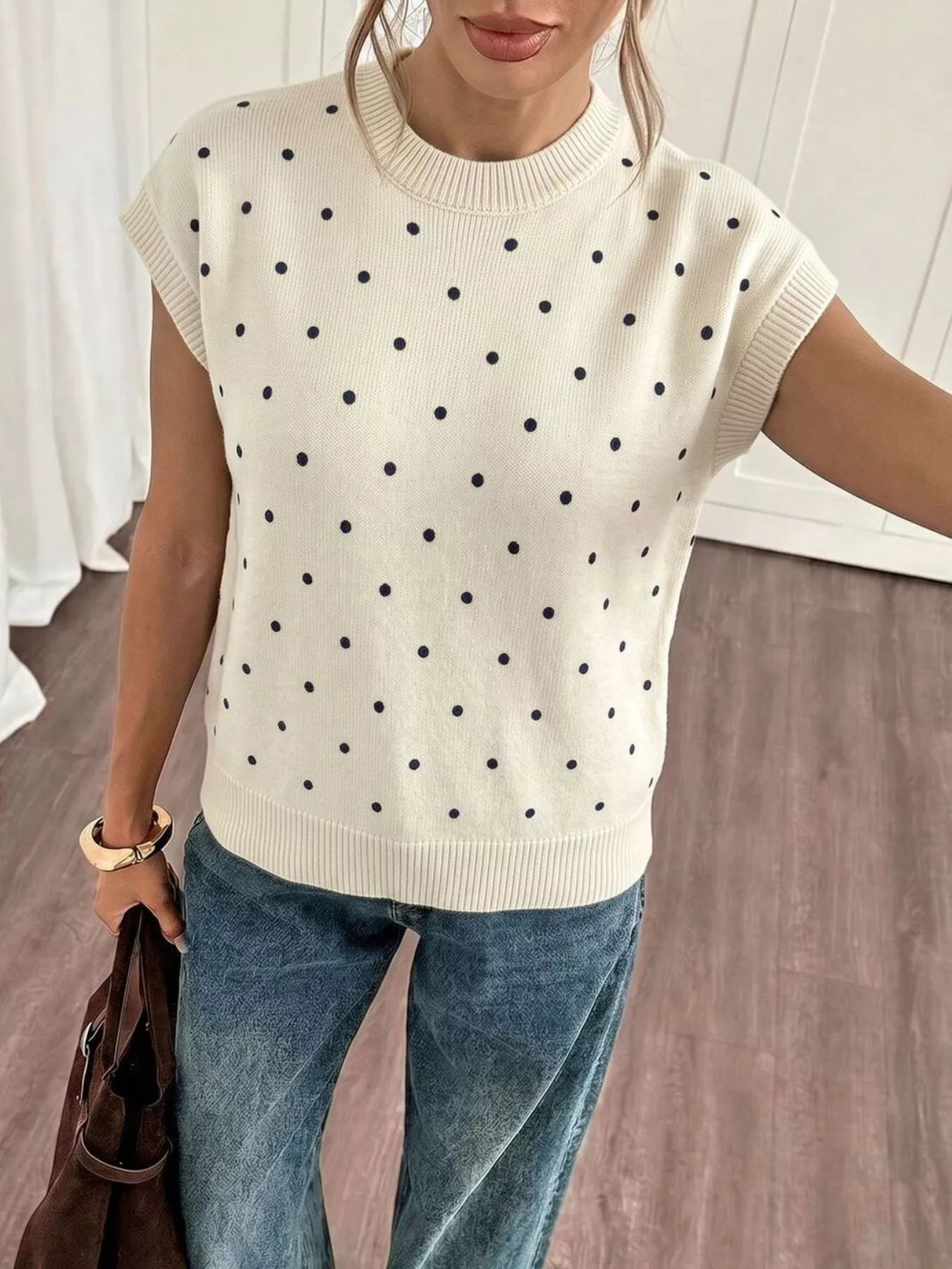 Trendsi Polka Dot Short Sleeve Knit Sweater -