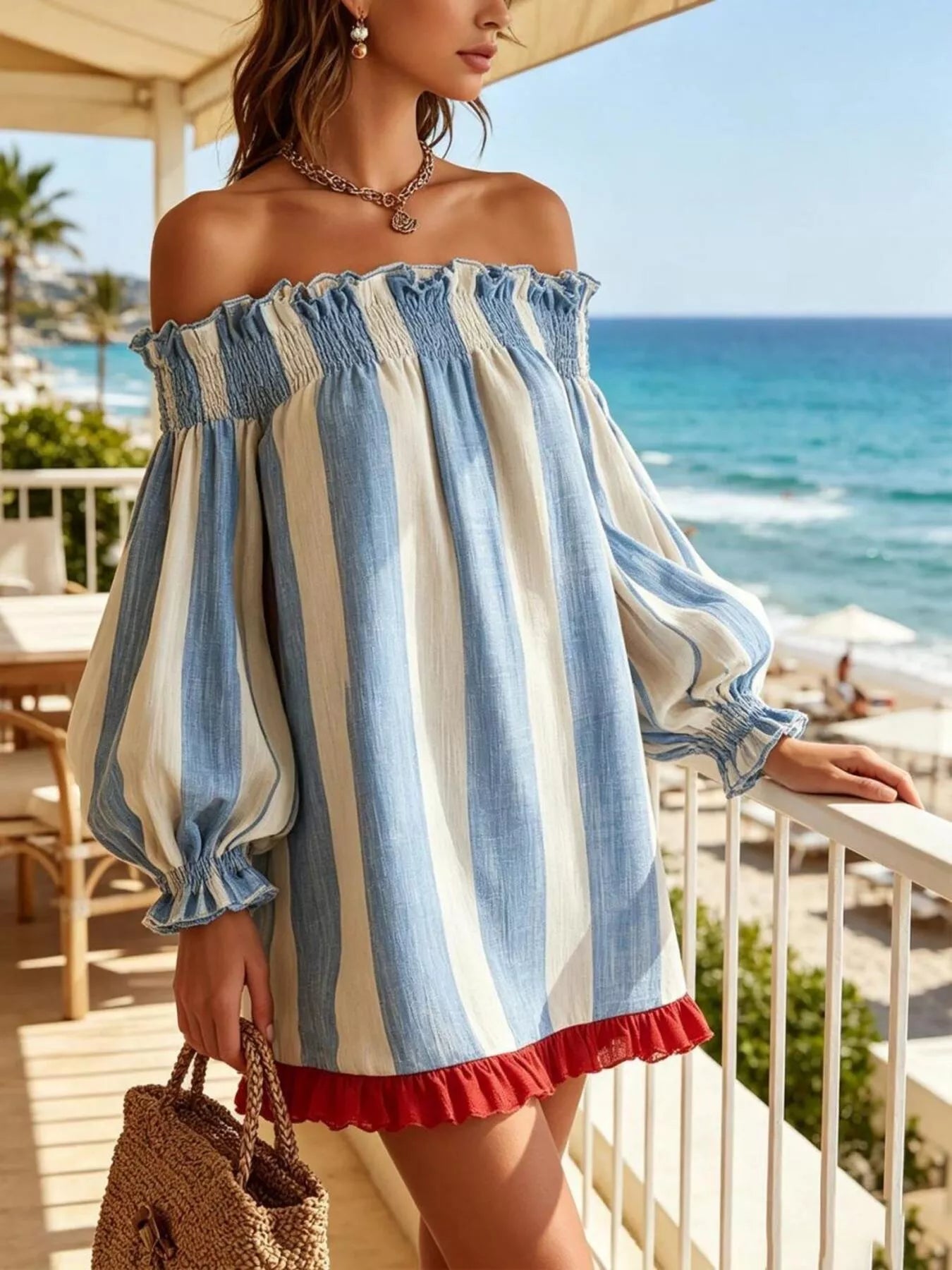 Trendsi Off-Shoulder Striped Ruffle Hem Mini Dress -