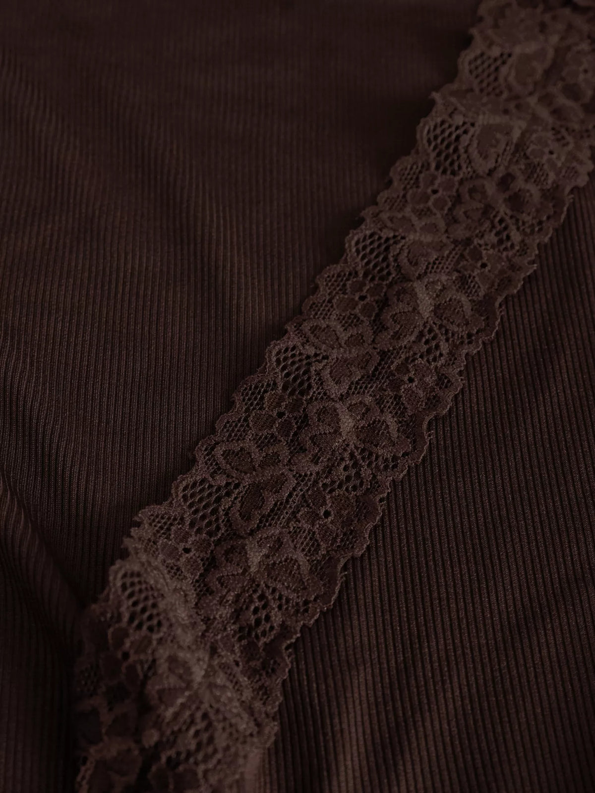 Women's Lace Trim Flare Sleeve Blouse in brown — neckline detail view