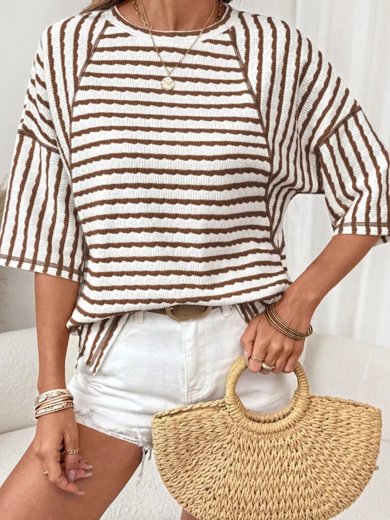 Trendsi Casual Striped Raglan Sleeve Textured T-Shirt -