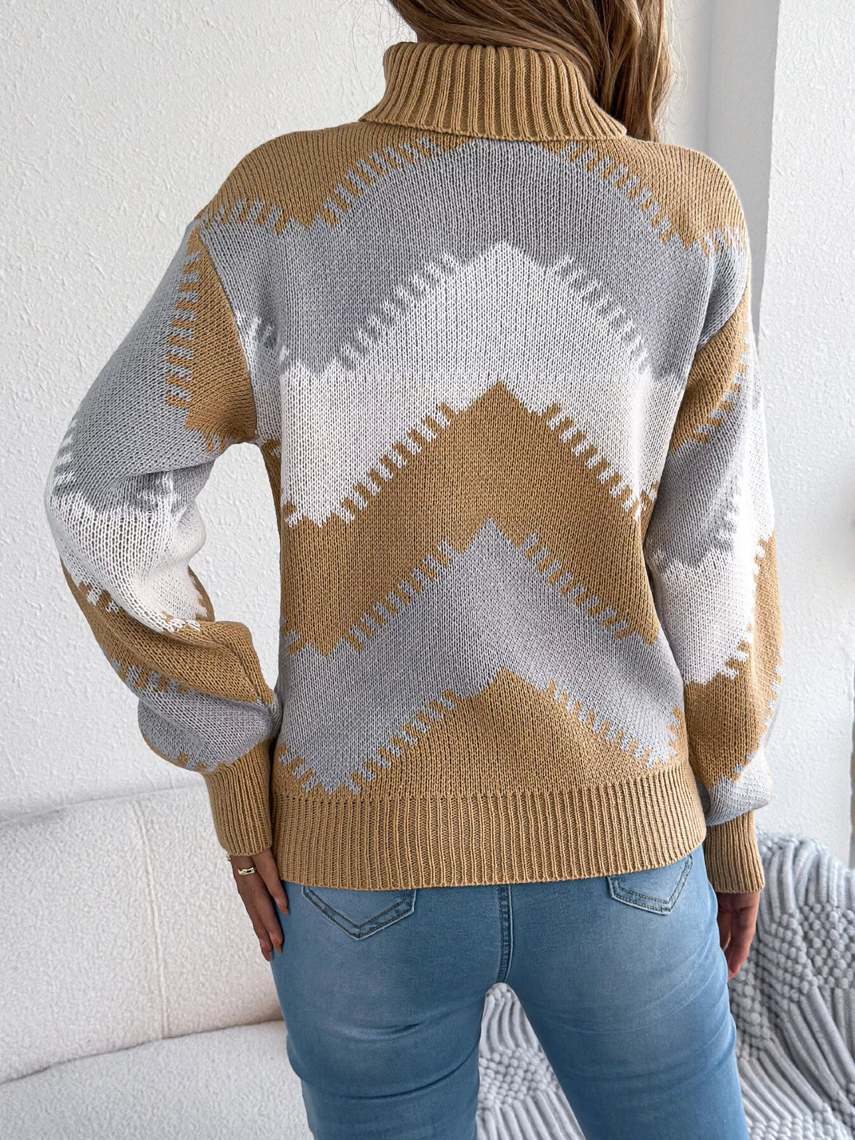 Chevron pattern turtleneck sweater, back view