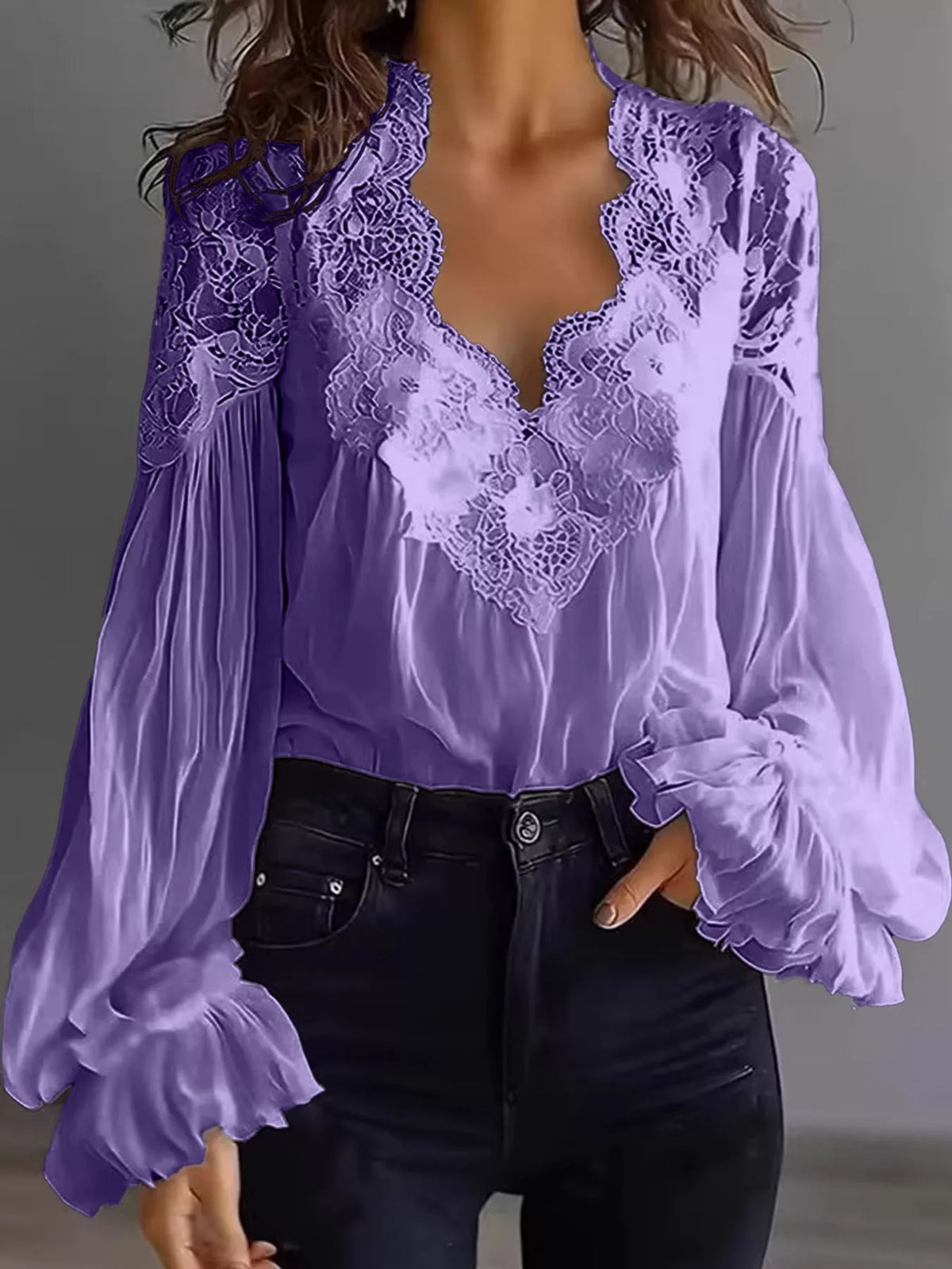 Purple lace V-neck flounce sleeve blouse