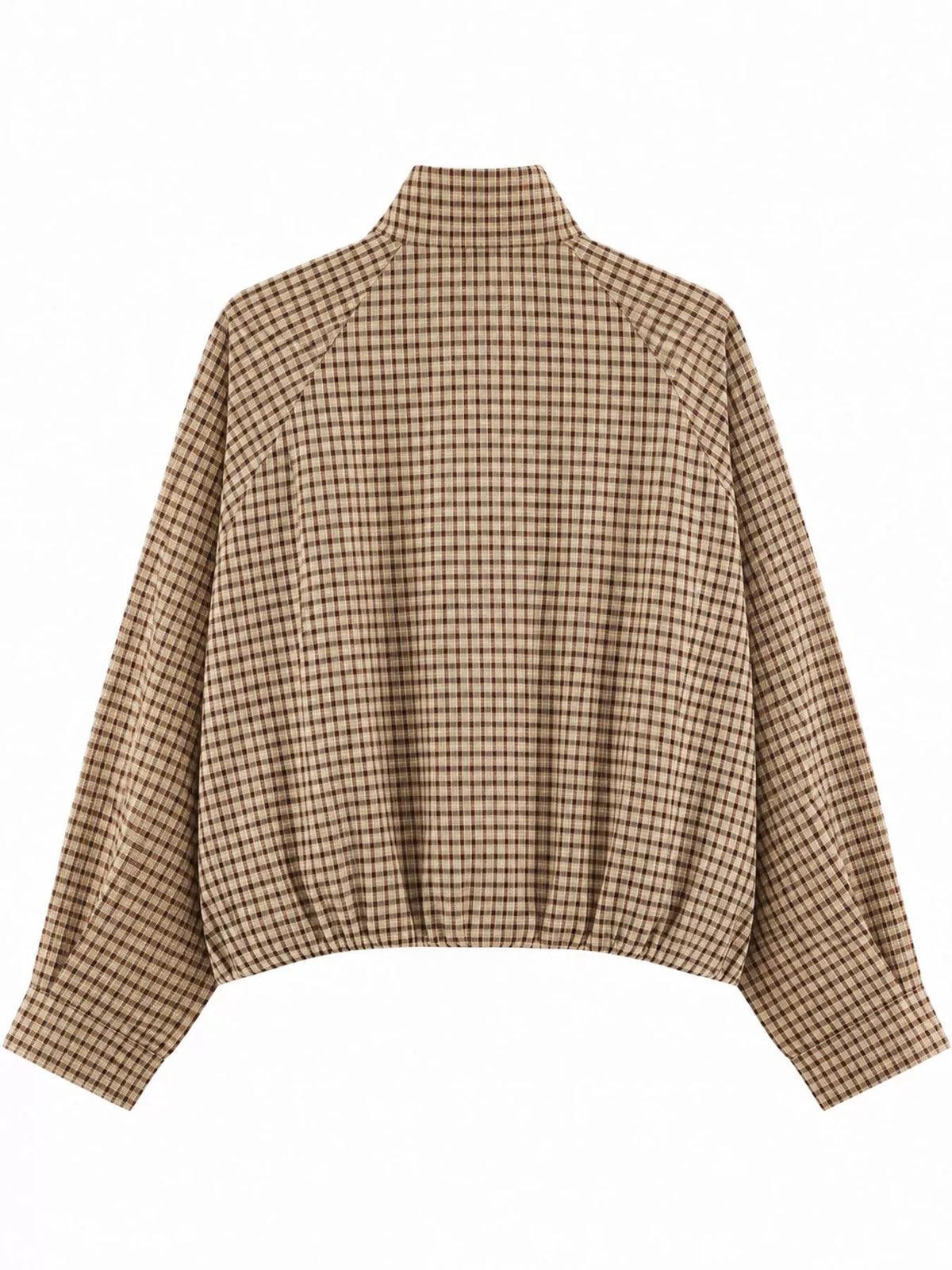 Dark Brown plaid stand-collar cropped jacket, back view
