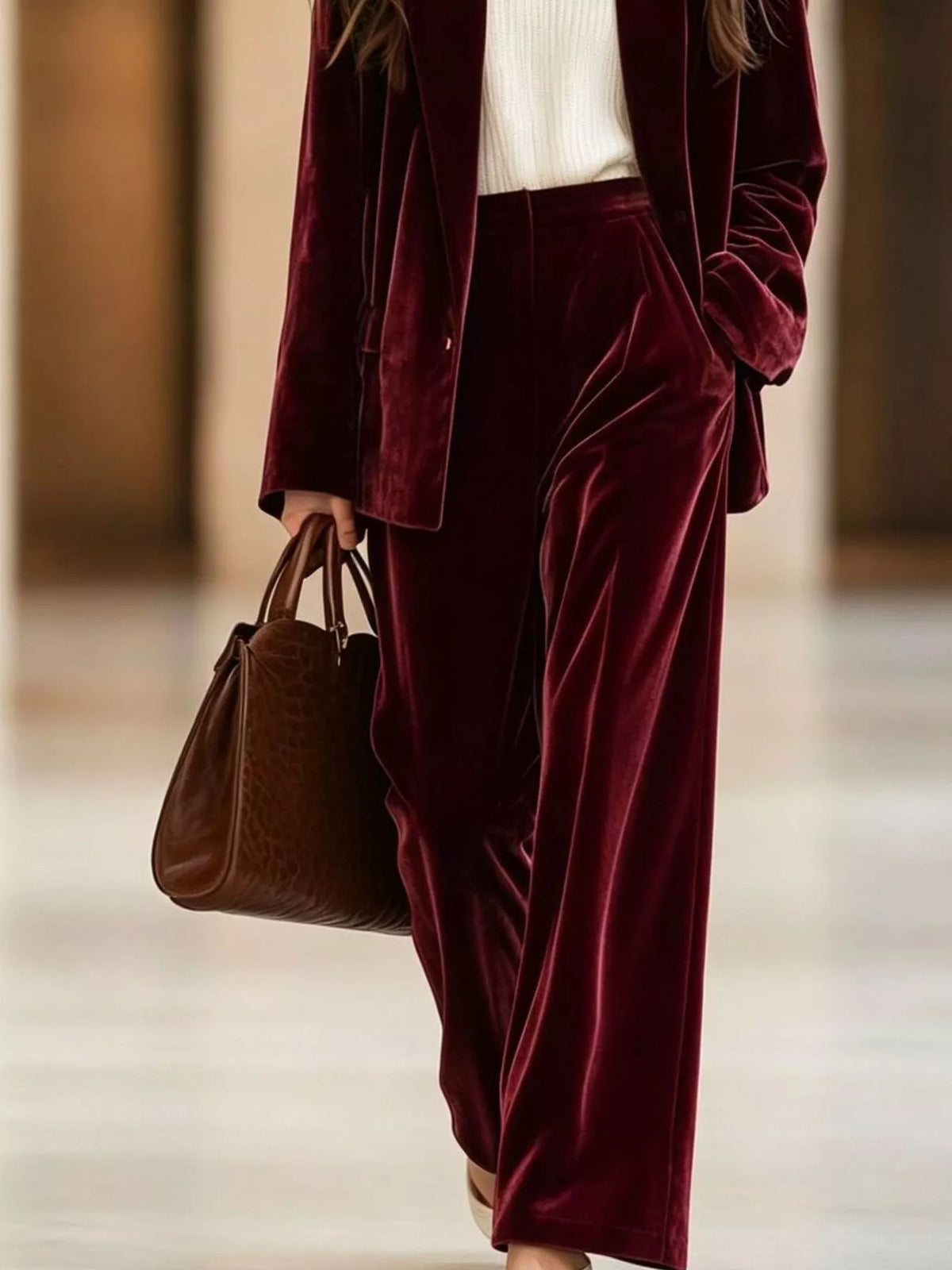 Burgundy velvet blazer and wide-leg pants set, pants detail