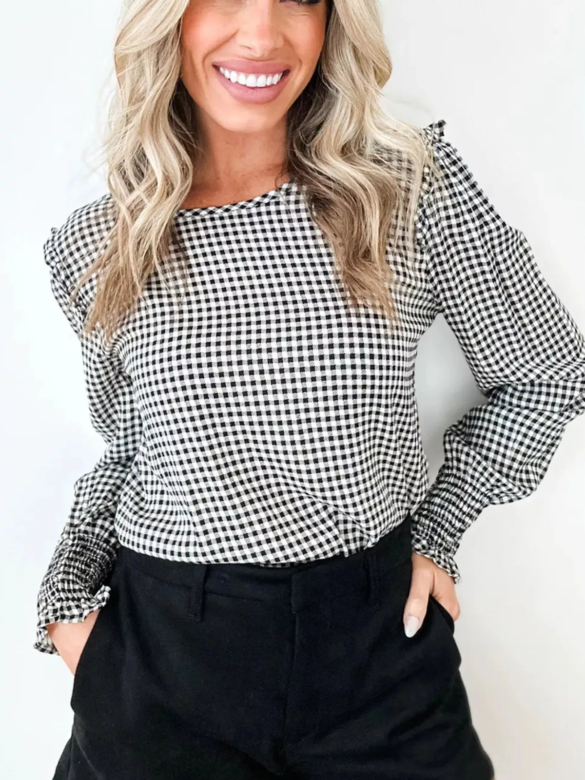 Gingham blouse, black-and-white gingham tucked front
