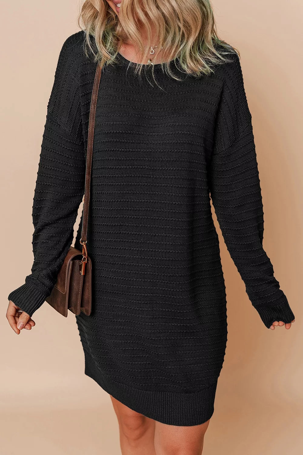 Trendsi Solid Color Raised Rib Knit Dolman Sleeve Shift Sweater Dress -