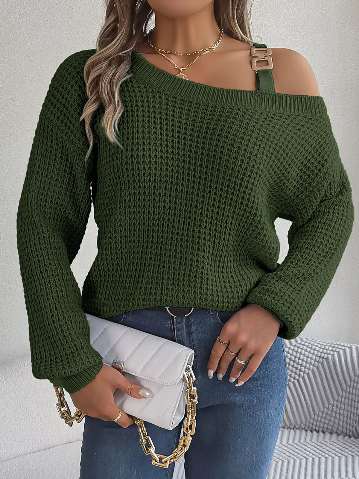 Asymmetrical Neck Long Sleeve Sweater in green, front view