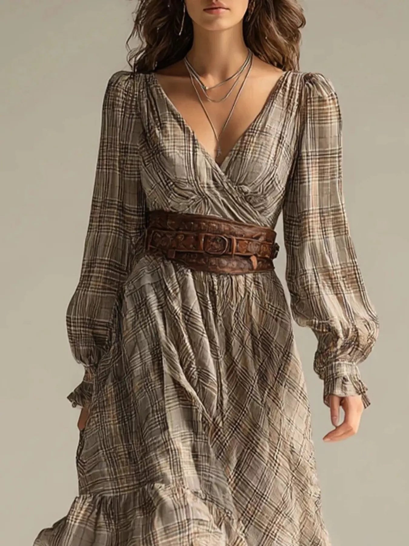 Trendsi Plaid High-Low Long Sleeve Dress -