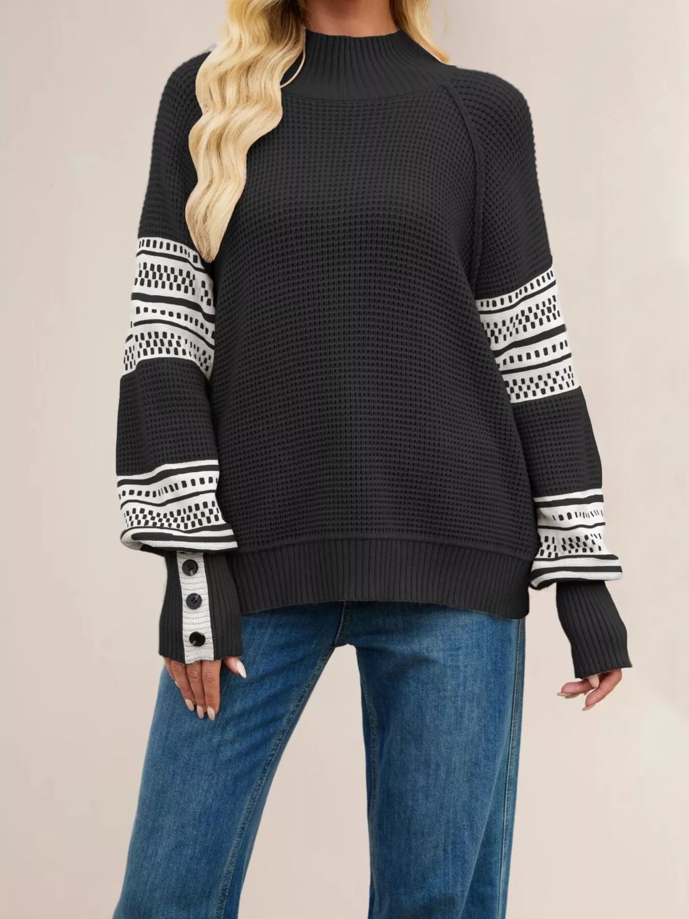 Trendsi Color-Block Mock Neck Waffle Knit Sweater -