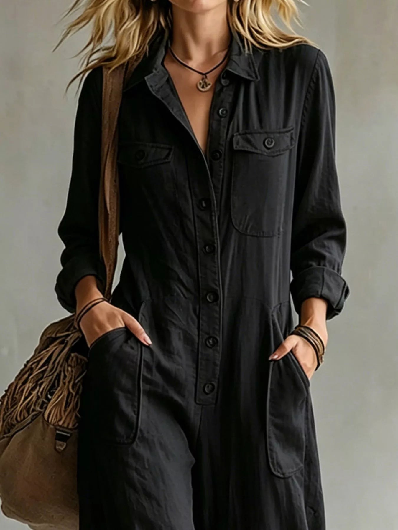 Trendsi Full Size Long Sleeve Button Front Jumpsuit Plus Size -