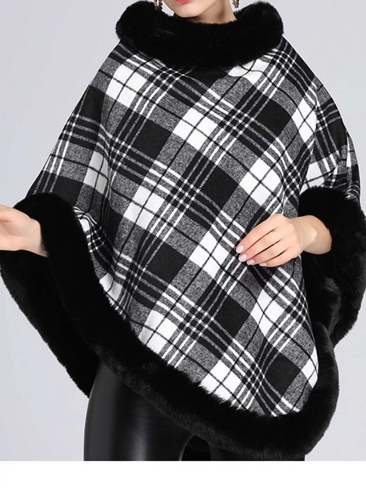Black And White-Plaid plaid faux fur trimmed poncho cape