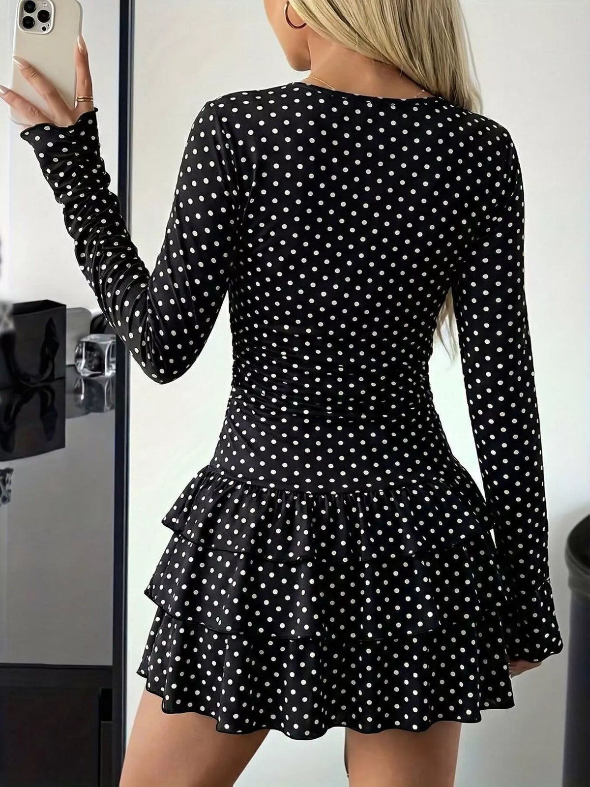 Long sleeve ruffled-hem mini dress