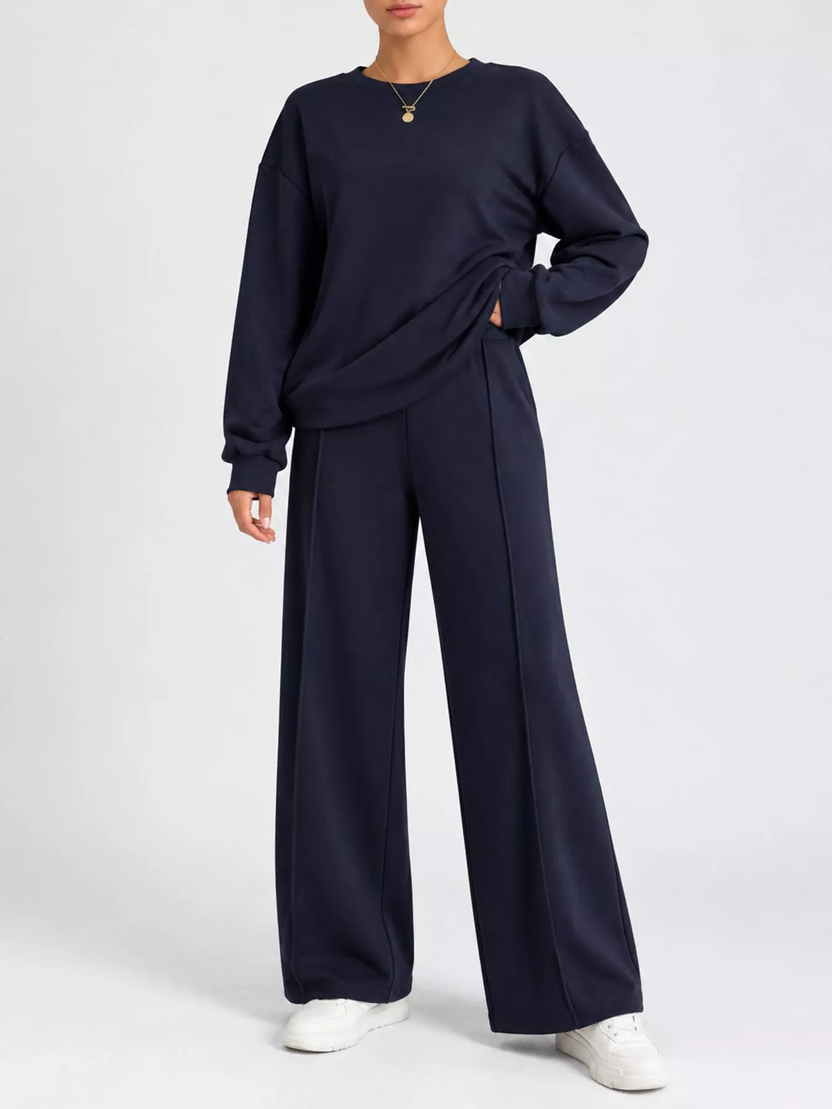 Navy oversized sweatshirt and wide-leg pants set — front view