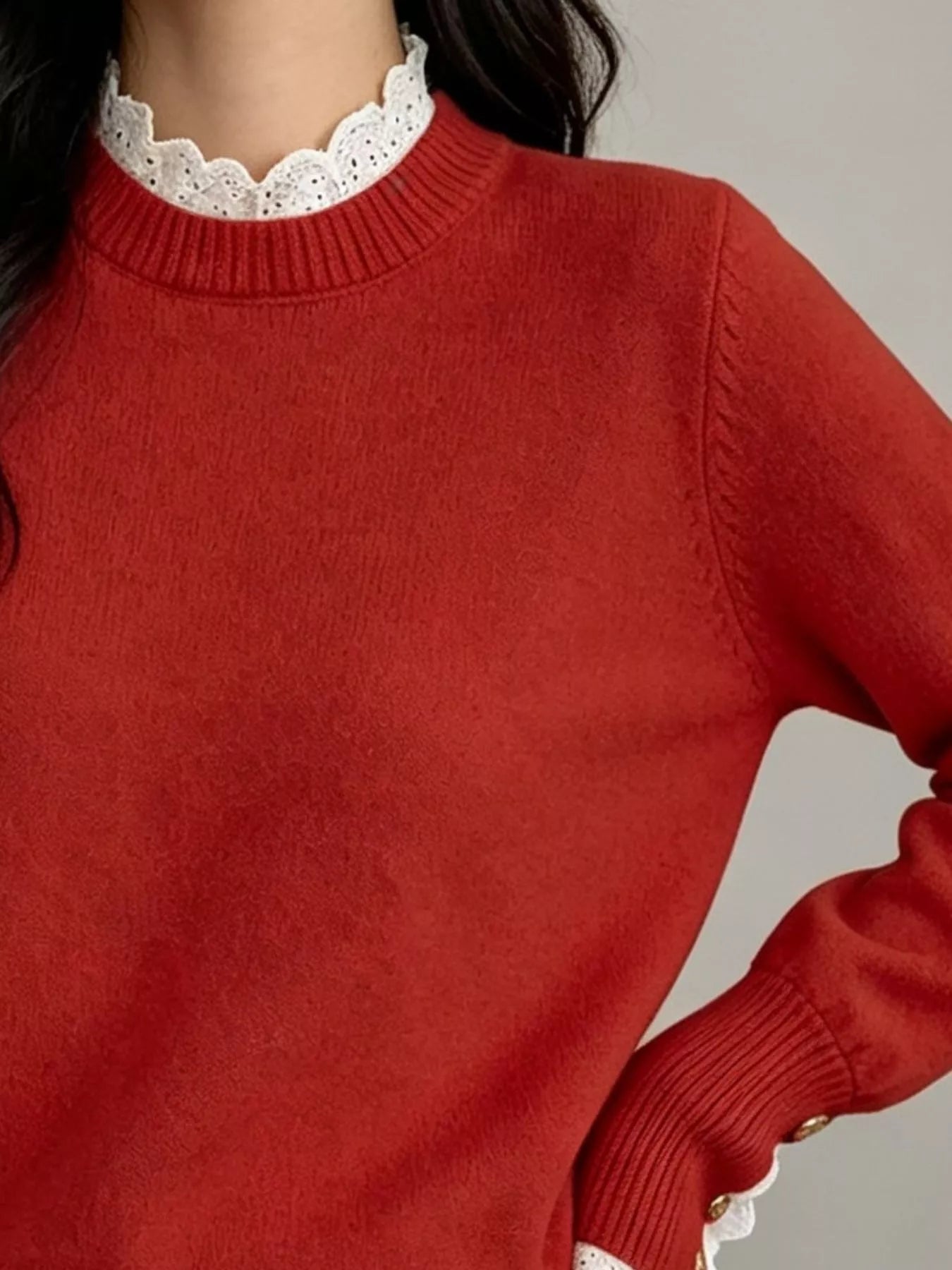 Trendsi Lace Trim Mock Neck Sweater -