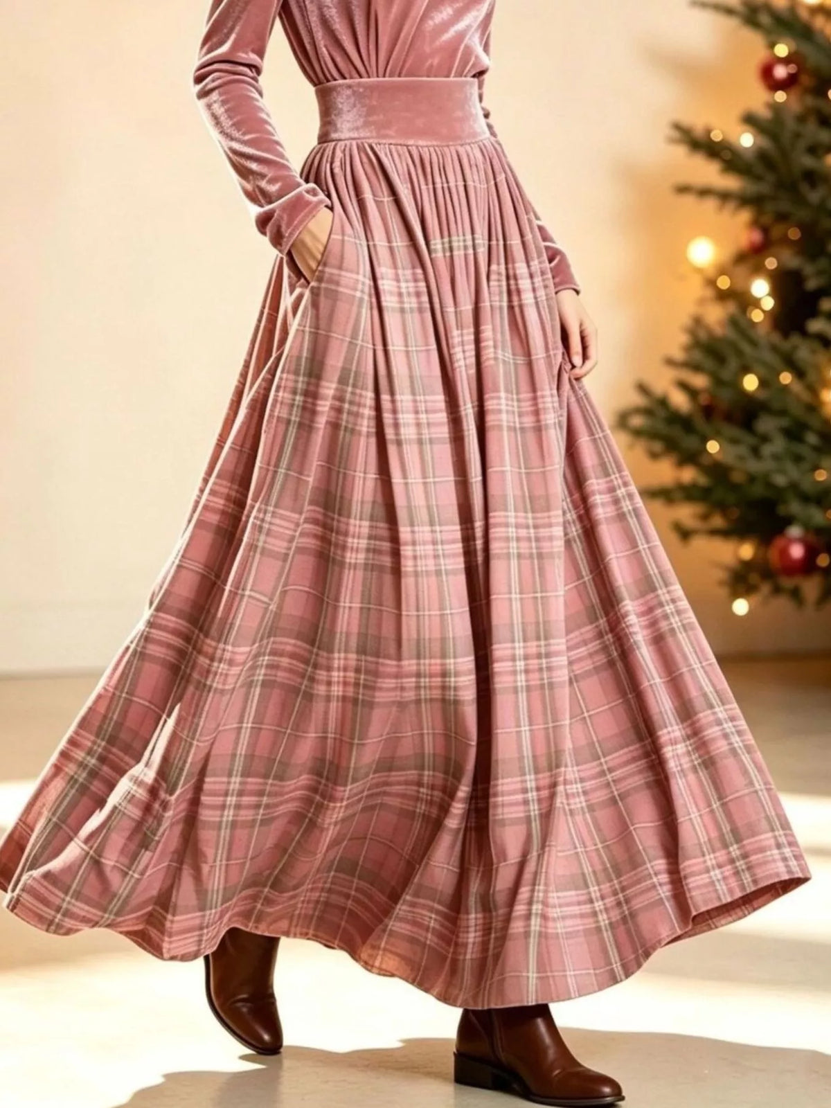 Pink velvet turtleneck top and plaid skirt set, gathered plaid skirt and waistband