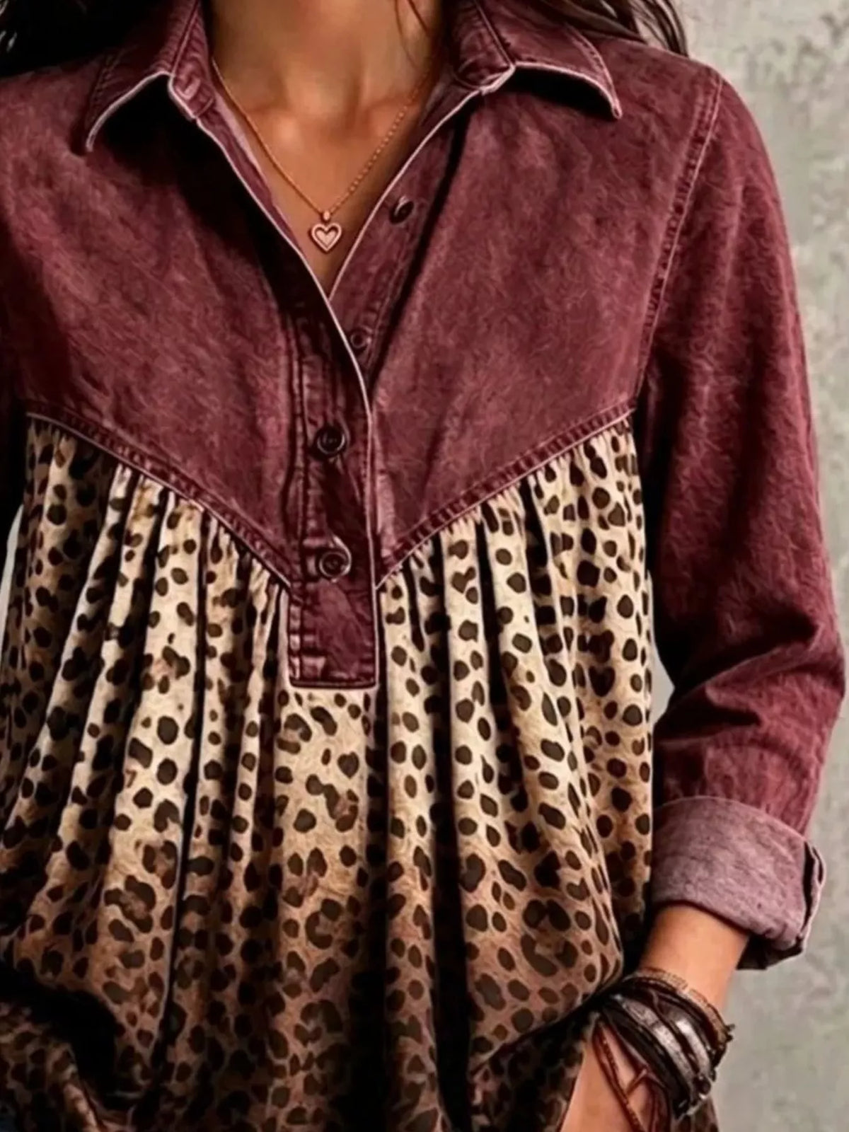 Burgundy leopard-panel button-front blouse, button-placket and leopard-panel detail