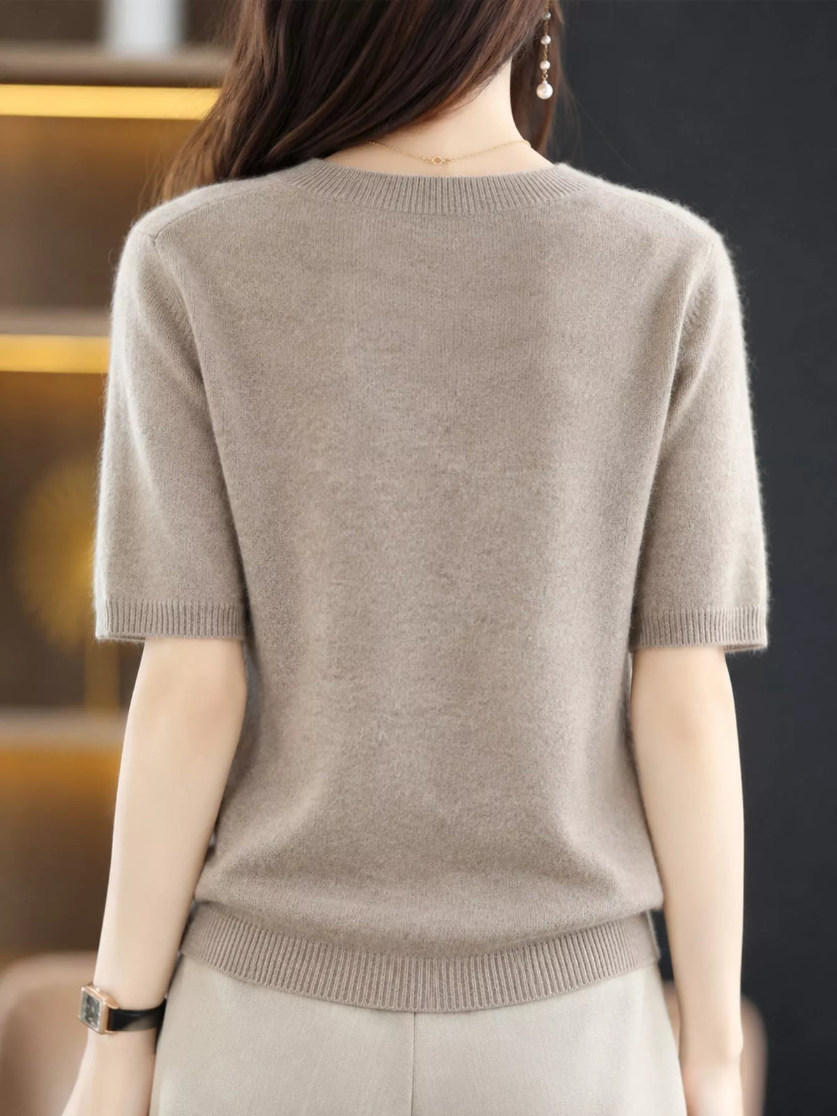 Natural Camel round neck short-sleeve sweater, back view