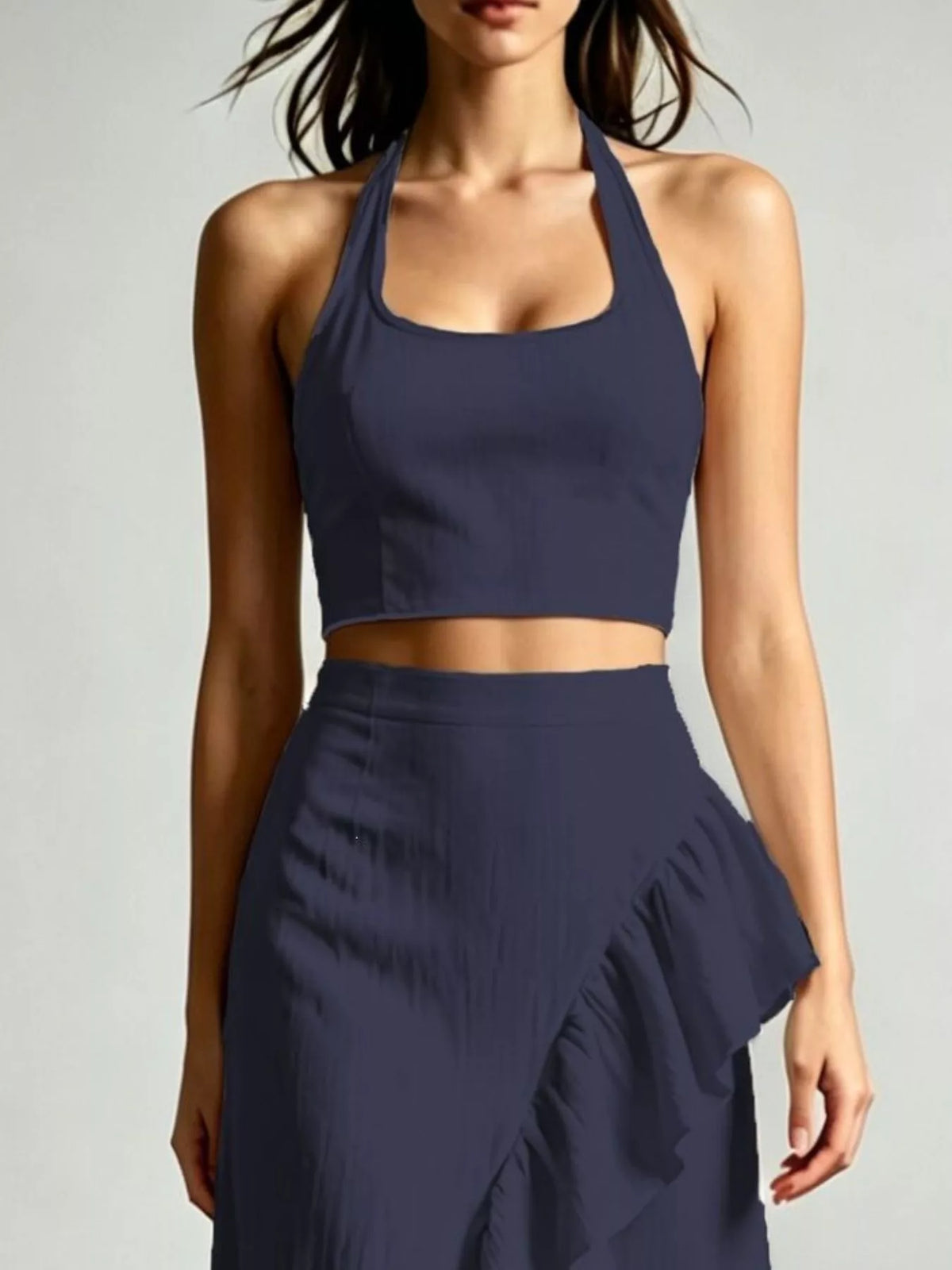 Navy Halter Neck Crop Top and High-Low Maxi Skirt Two-Piece Set detail view