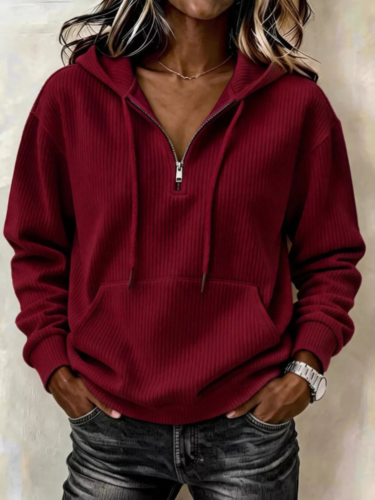 Ribbed Knit Quarter-Zip Hoodie, front view