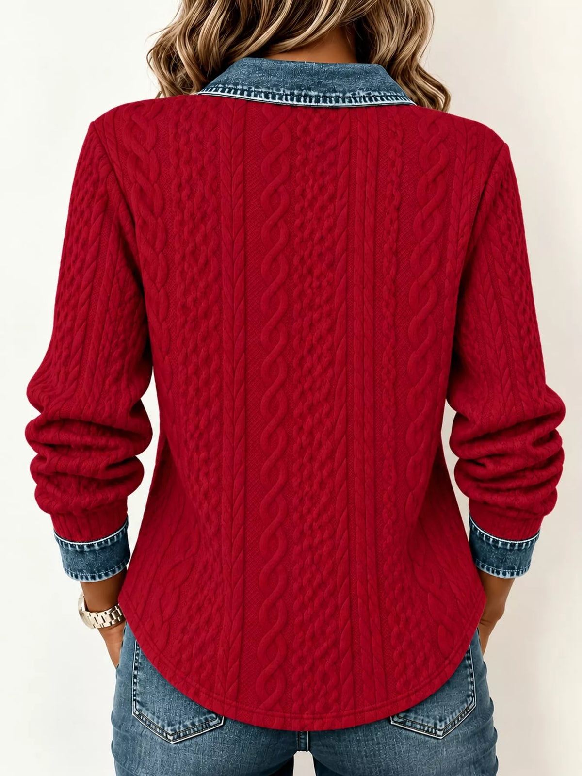 Contrast Denim Trim Textured Button-Down Shirt — back view
